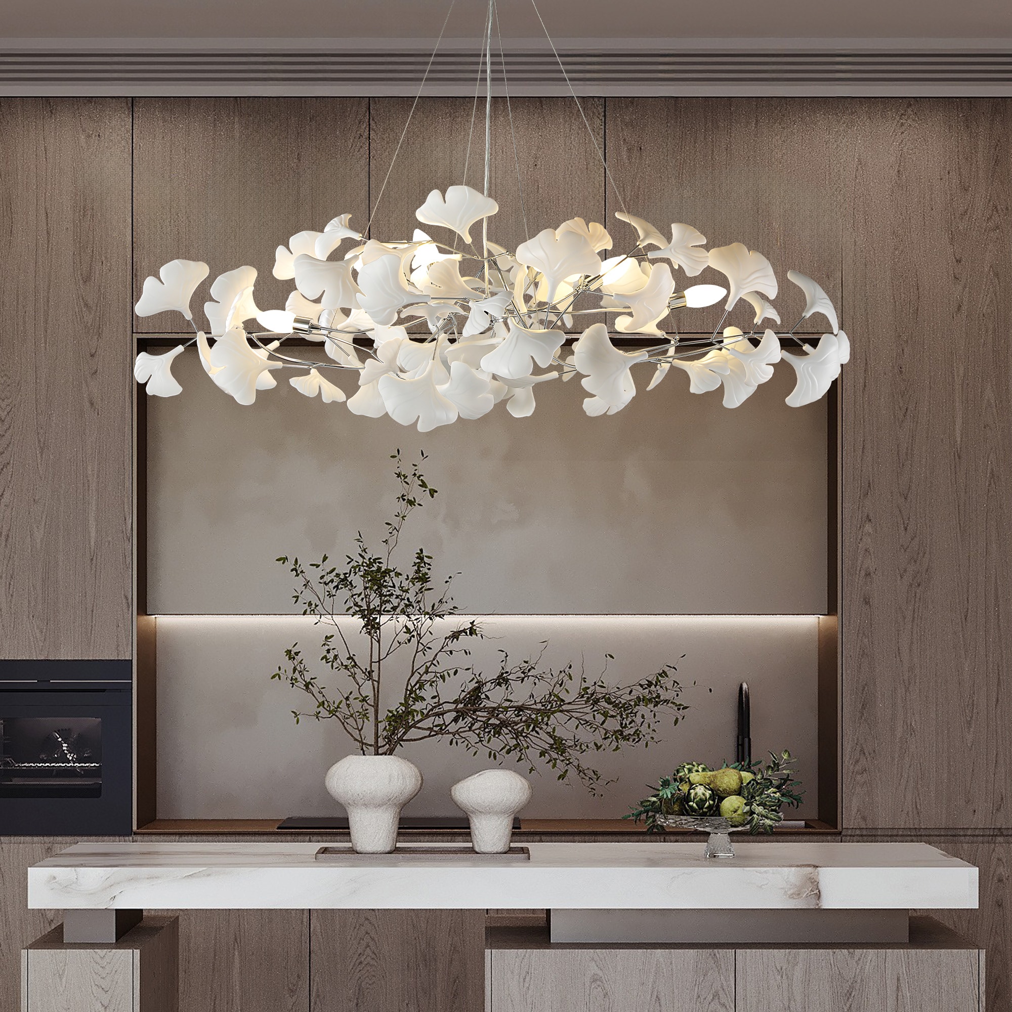 Gleam Flare 47in Luxury Silver Ceramic Ginkgo Leaf Chandelier 6 Lights Modern Rectangular Tree Branch Chandeliers for Dining Room Kitchen Island Living Room Foyer Entryway