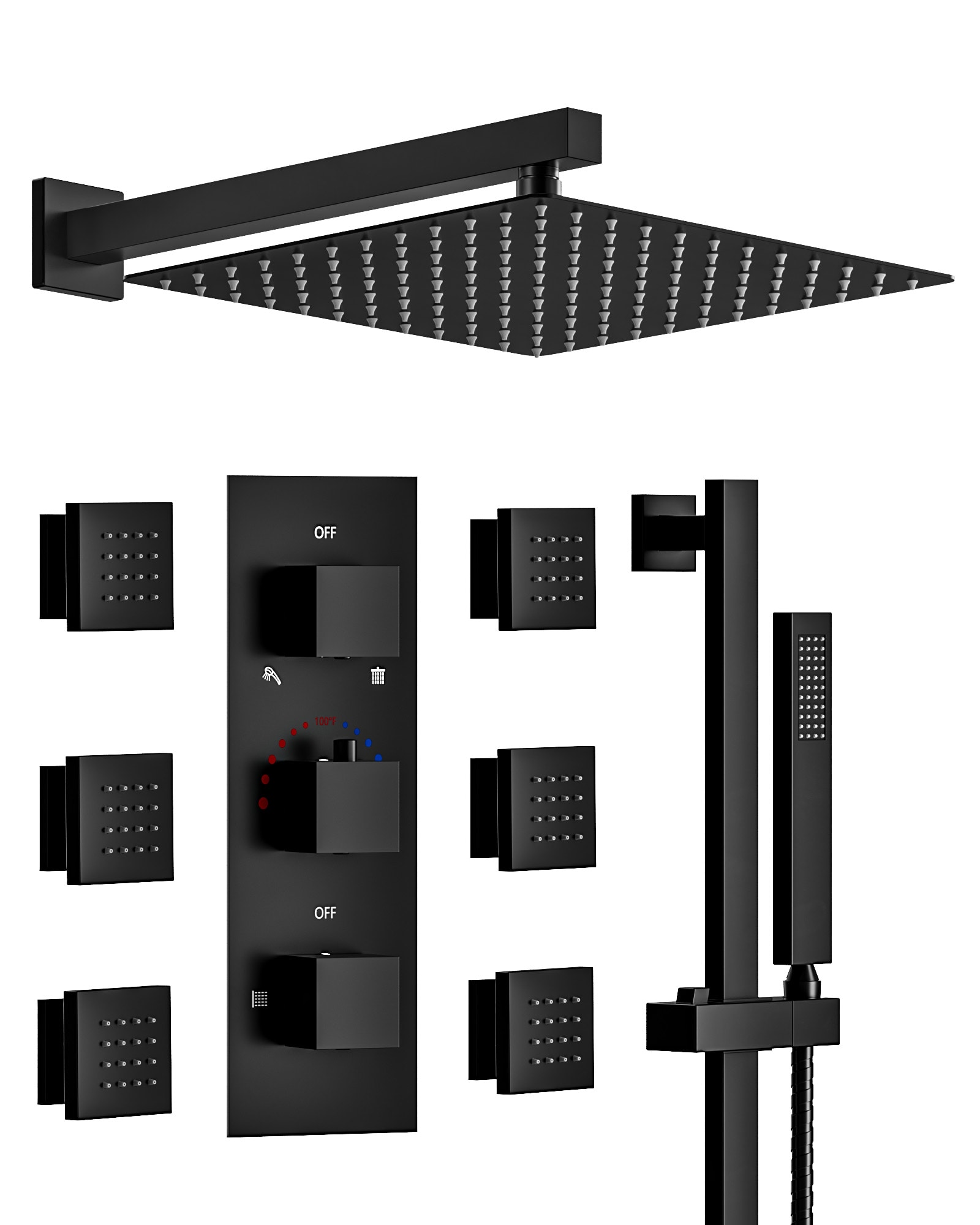 YAWWALK - 12 in Wall Mounted Rain Shower System with 6 Body Jets and Handheld Thermostatic Valve...