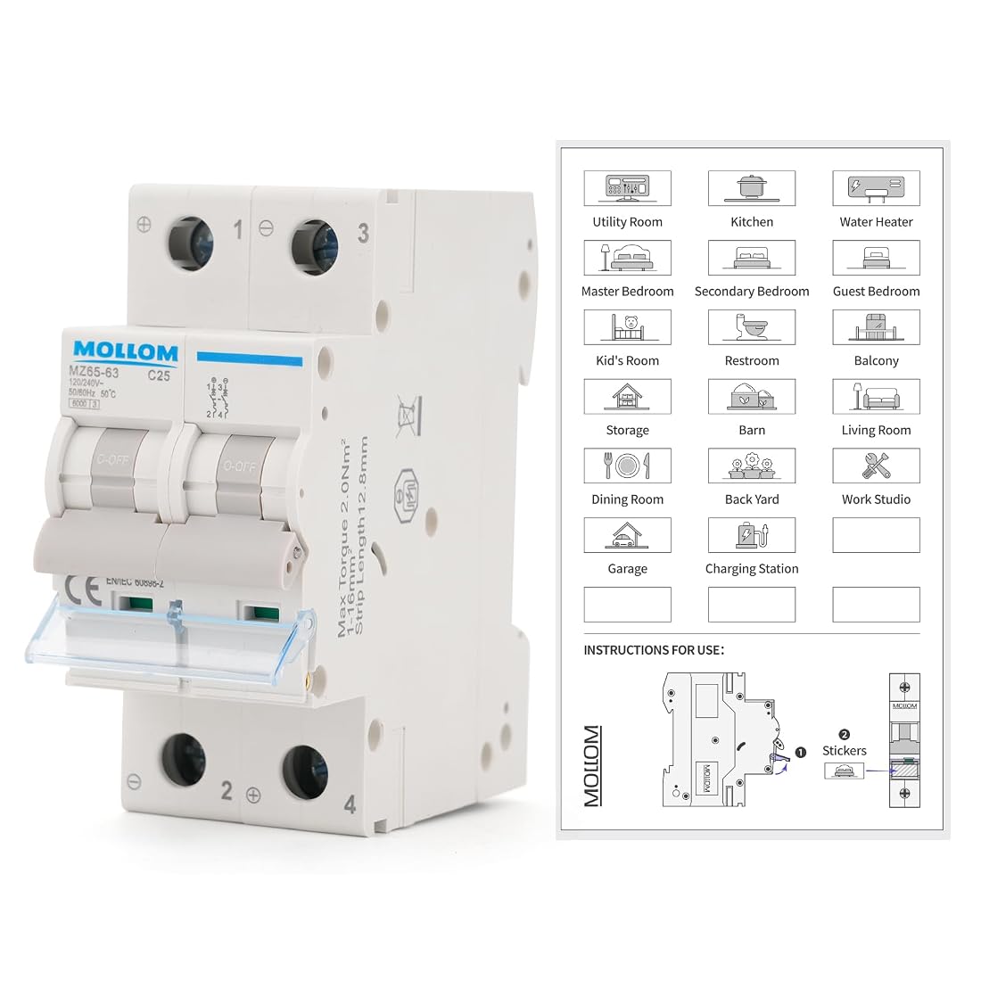 Etokfoks -  25 Amp 240 Volt 2 Pole DIN Rail Mount Thermal Magnetic Circuit Breaker 6KA MCB C25