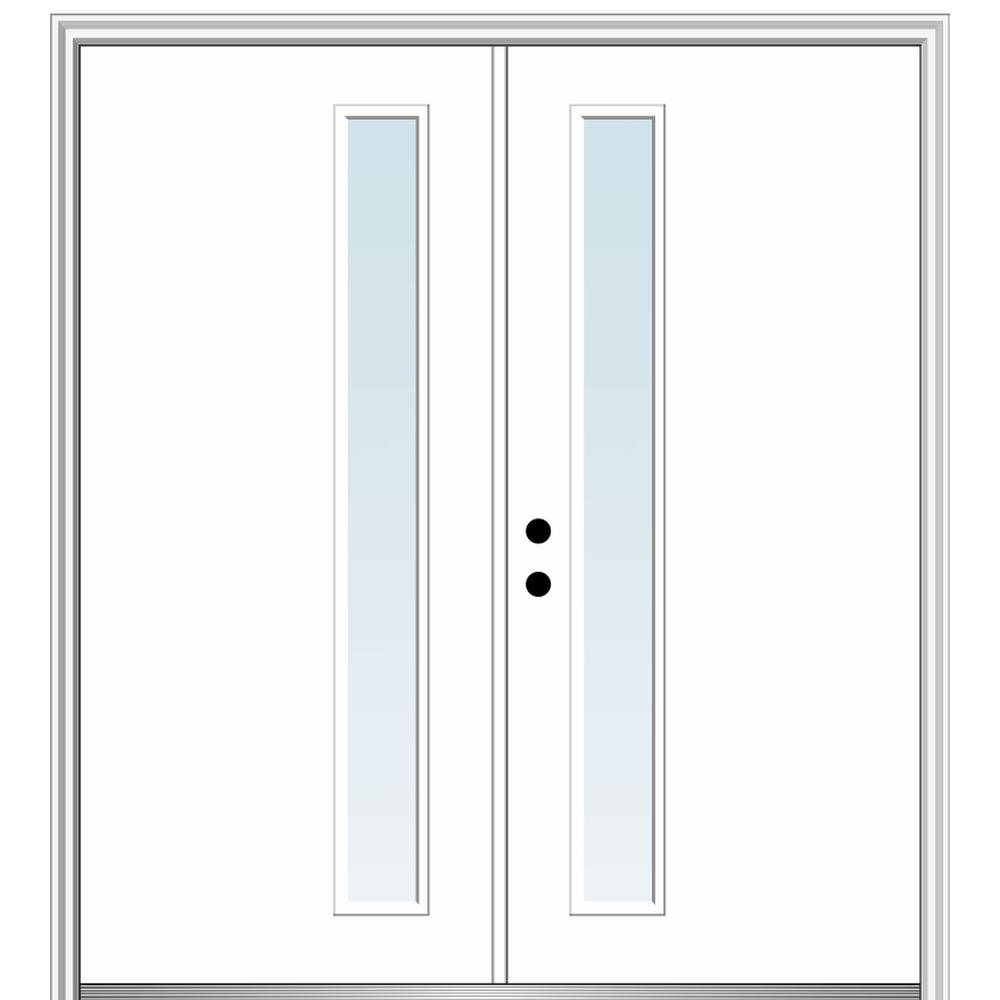 MMI DOOR ZZ348480R Spotlights 64-in x 80-in x 6-9/16-in Fiberglass Pulse lite Right-hand inswing Brilliant White Painted Prehung Double Front Door with Brickmould Insulating core