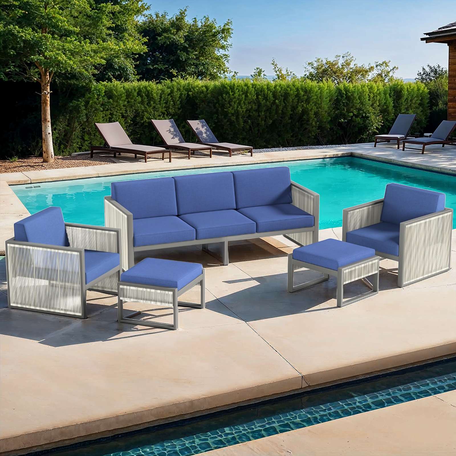Bestier USLOW-O500319B-BLUE 5-Piece Metal Outdoor Patio Conversation Sectional Seating Set with Blue Cushions