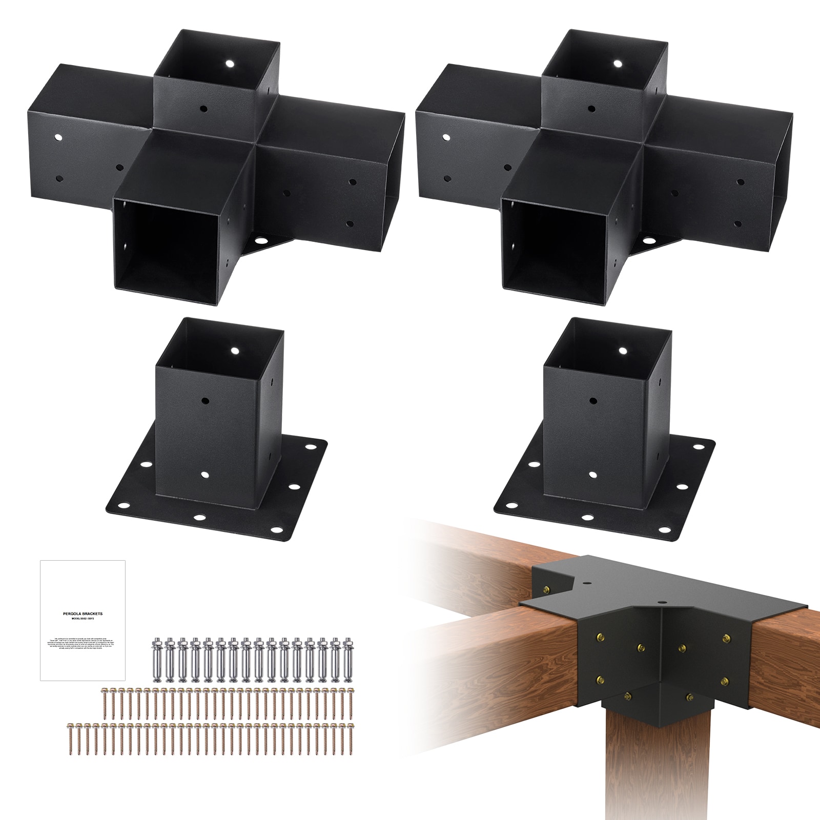 VEVOR SCLPJJTZST4P04728V0 Pergola Bracket Kit 4inx4in(Inner Size 3.6x3.6)  4pcs 4-Way Heavy Duty Corner Bracket Woodworks DIY Post Base Kit  Easy Installation Wooden Beams for Gazebos  Patio Pergolas  Log Cabin Outdoor