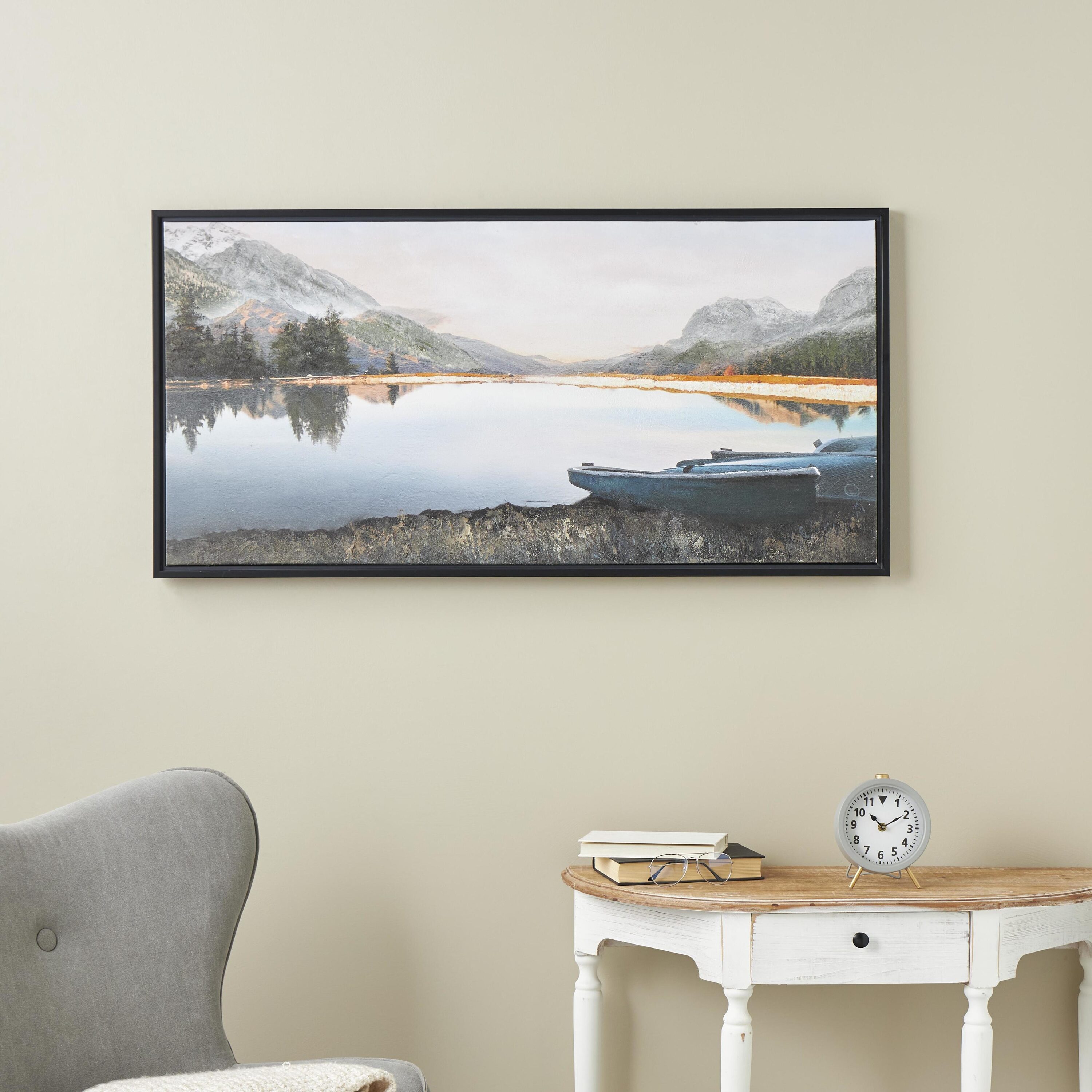 Grayson Lane 822511 24 In. x 48 In. Lake Sunset Framed Wall Art Blue Canvas Landscape Lake Sunset Black Plastic Framed 23.75-Inches H x 47.5-Inches W Abstract Canvas Painting