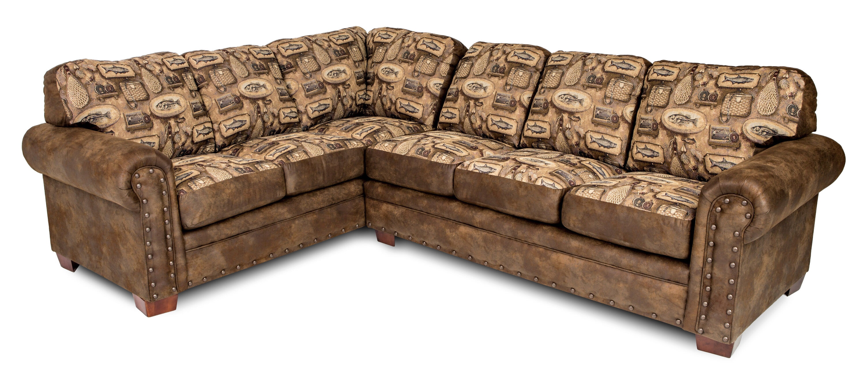 Brown Faux Leather Two Piece Sectional Sofa with Nailhead Trim