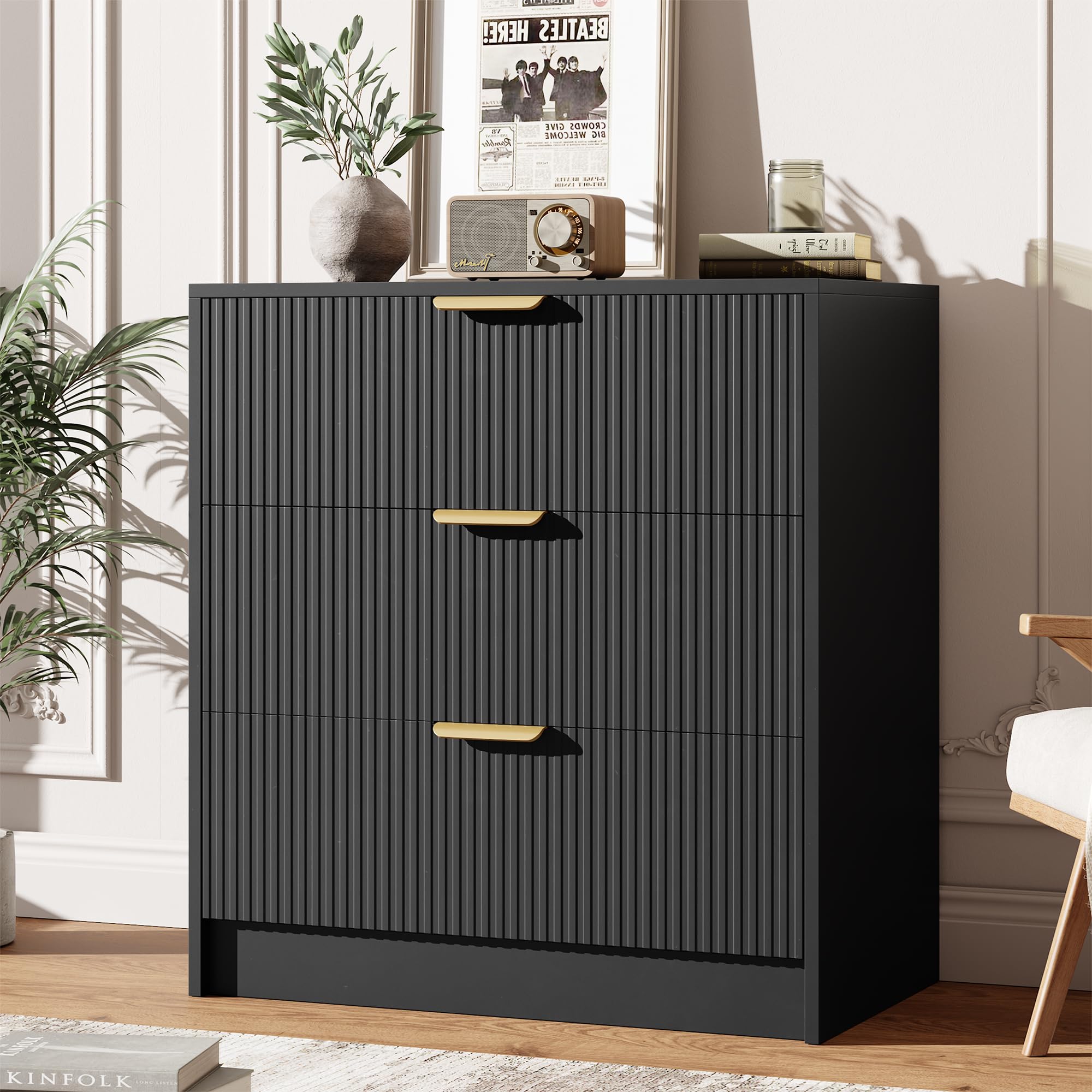 IdealHouse 3 Drawer Dresser for Bedroom - 30 Inch Tall Vertical Modern Fluted Nightstand Chest with Golden Metal Handles - Multi-Function Home Organizer for Living Room Entryway Hallway (Black)