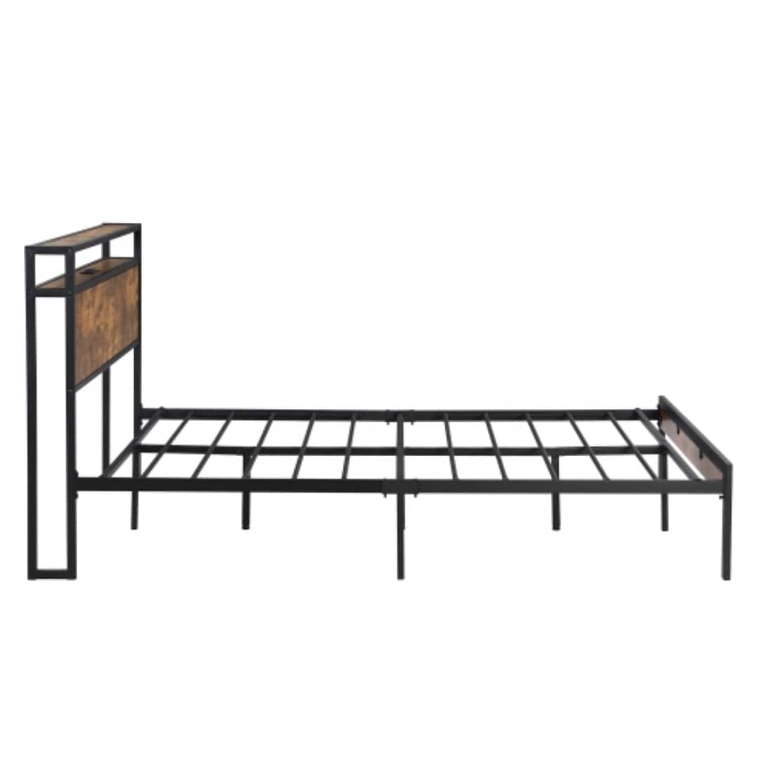 Queen Black Metal Platform Bed Frame with Wooden Headboard and Storage