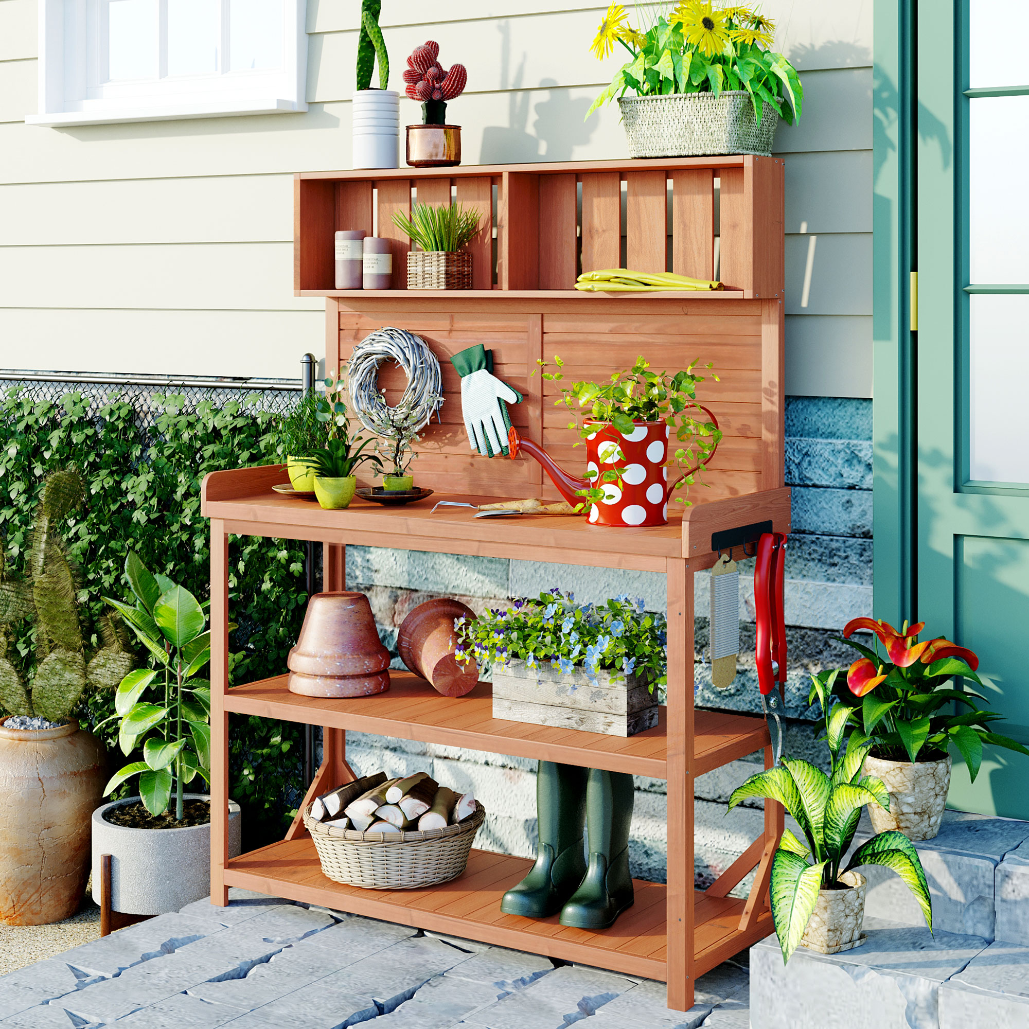 ModernLuxe WF285323AAA 65 Large Wooden Farmhouse Rustic Outdoor Potting Bench TablePatio WorkstationGarden Potting Bench with 4 Storage Shelves and Side HookNatural