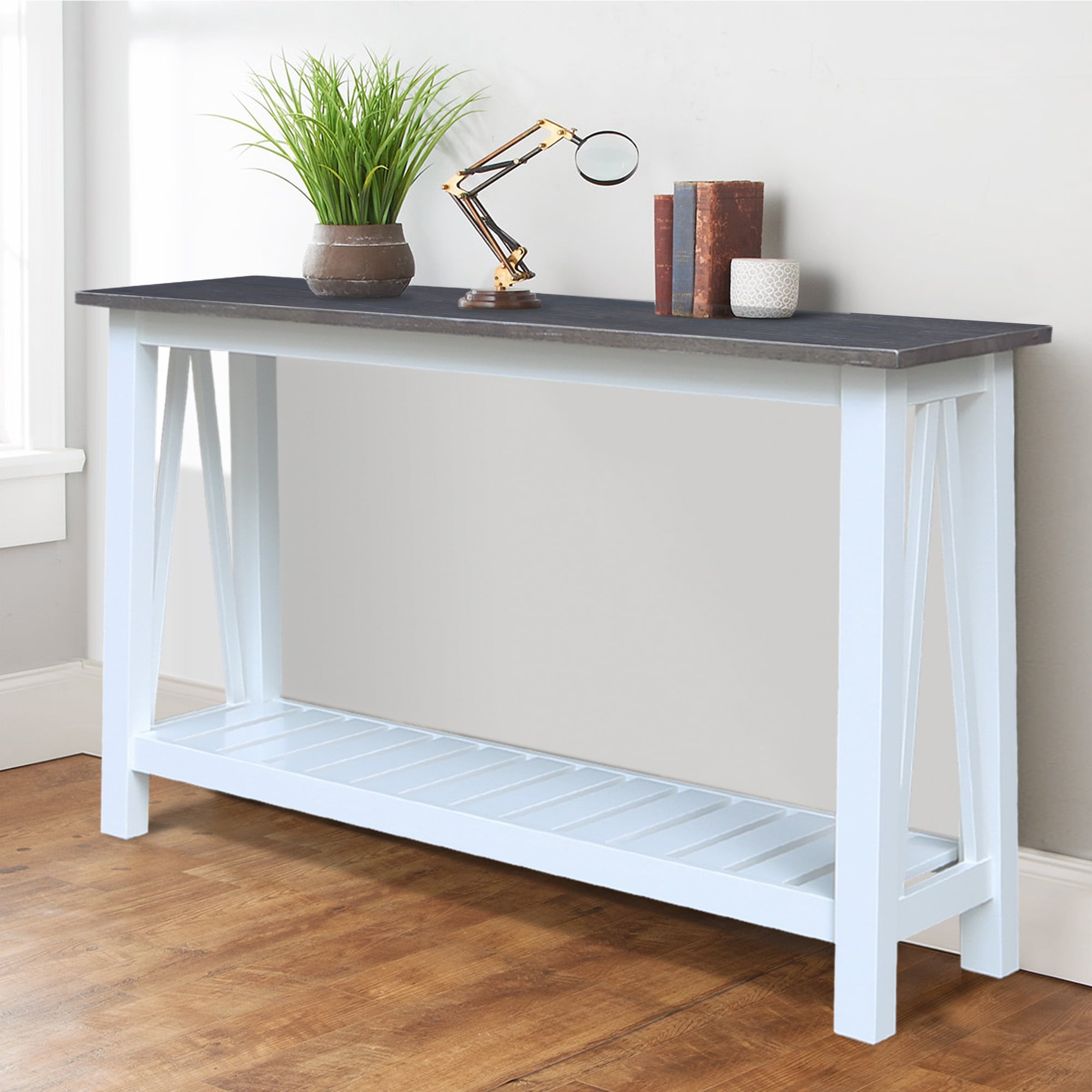 Surrey 65" White and Heather Gray Solid Wood Console Table with Storage