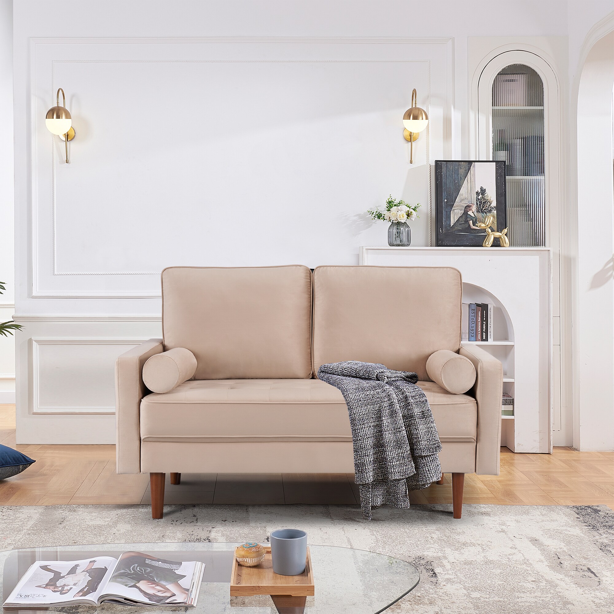 Beige Velvet Loveseat with Wood Legs and Bolster Pillows