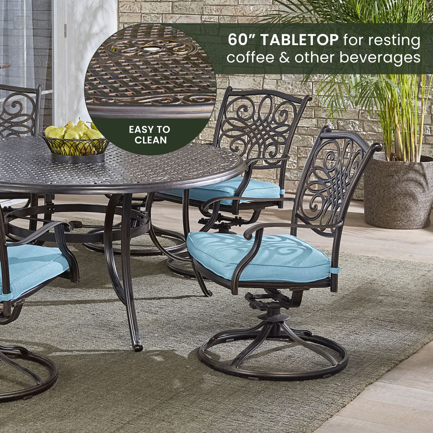 Bronze Cast Aluminum Round Outdoor Dining Set with Blue Cushions
