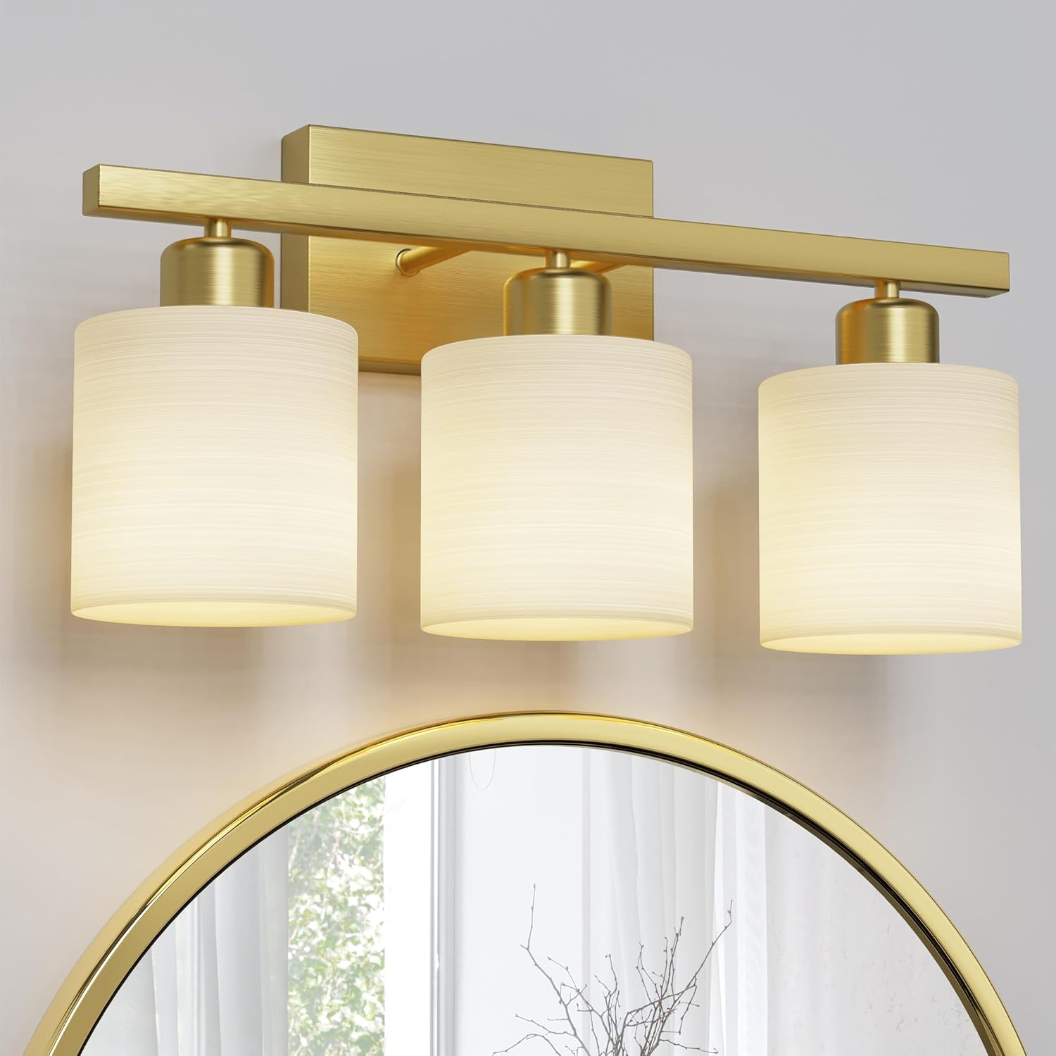 Cinoton Bathroom Light Fixtures Bathroom Lighting Fixtures Over Mirror Interior Classic Vanity Lights Modern Vanity Light with Textured White Glass Shade Brushed Gold 3-Light