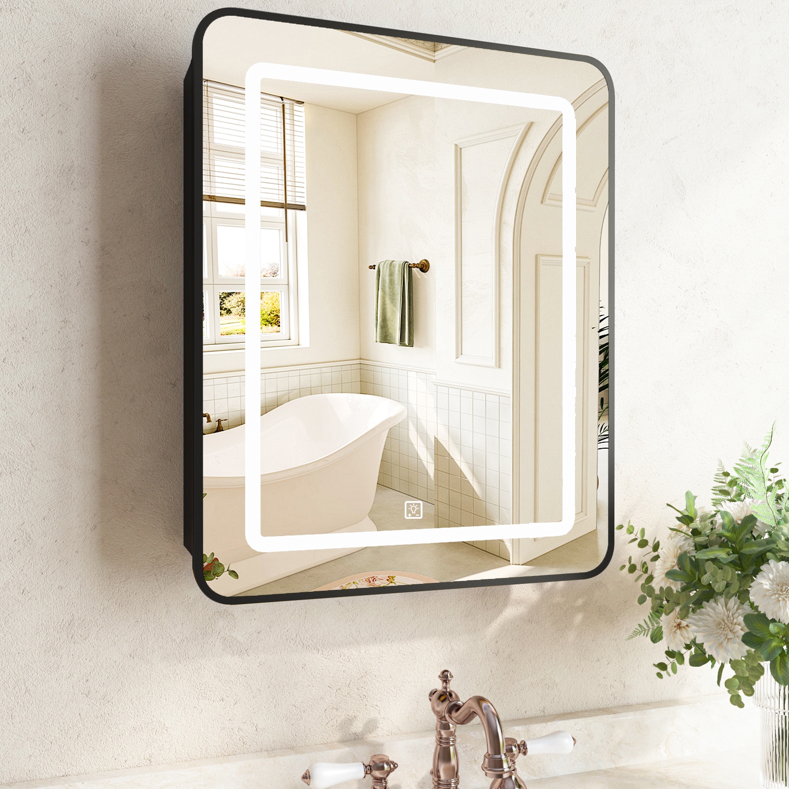 LUXEYARD Lighted Medicine Cabinet with Mirror 24x30 Bathroom Mirror Cabinet with LED Lights and Storage Single Door Wall Mounted Bathroom Cabinet Black