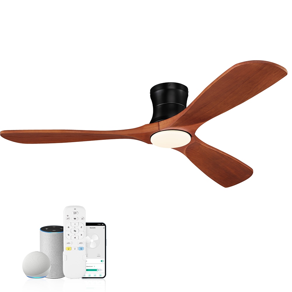 LUXEYARD 52 in Wood Smart Outdoor Indoor Black Flush Mount Ceiling Fans with Lights Remote WIFI Alexa App workable Quiet DC Motor