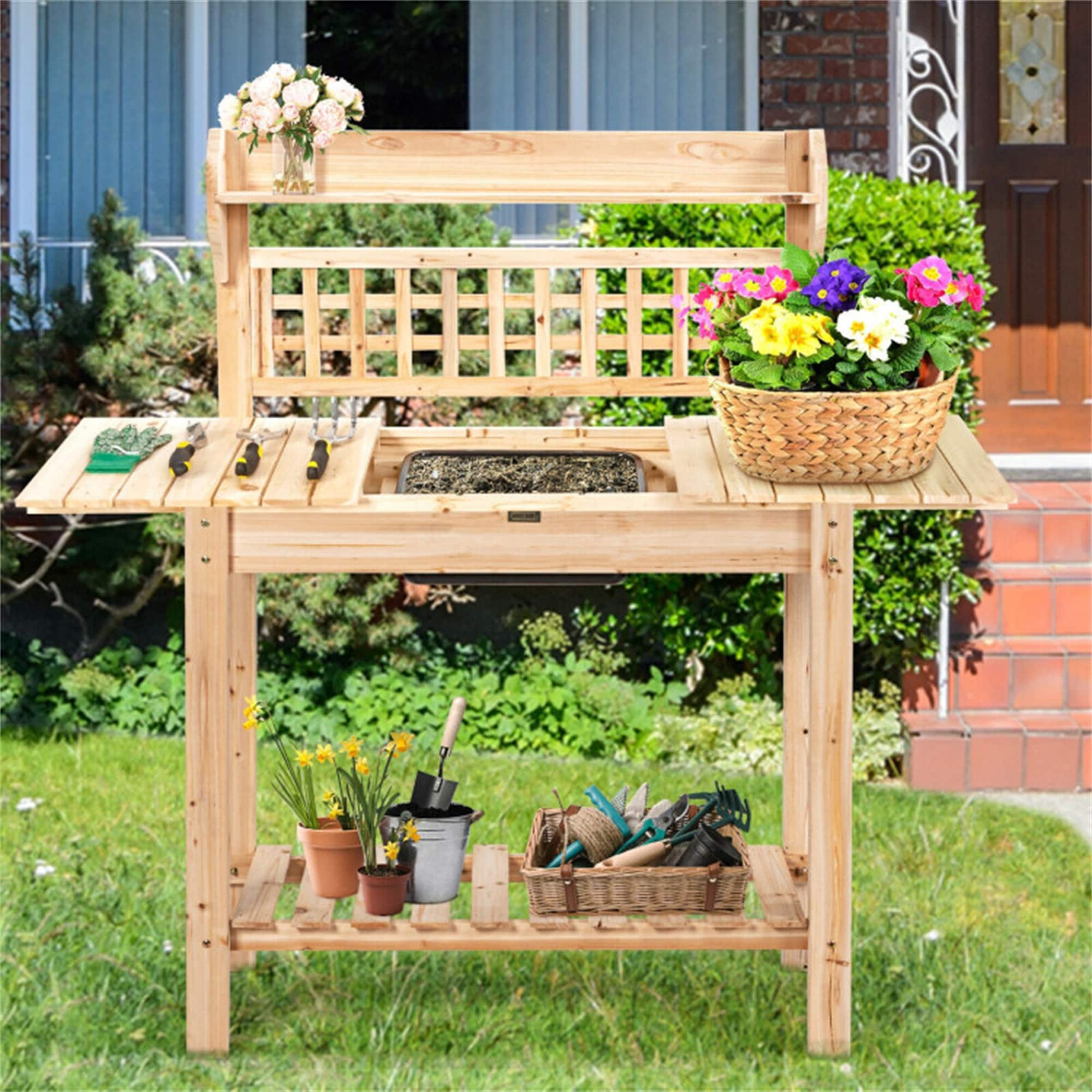 BABOOM BOM-0GT3585-CO Garden Potting Bench Workstation Table 58-in x 55-in x 18-in natural/Fir wood Potting Bench