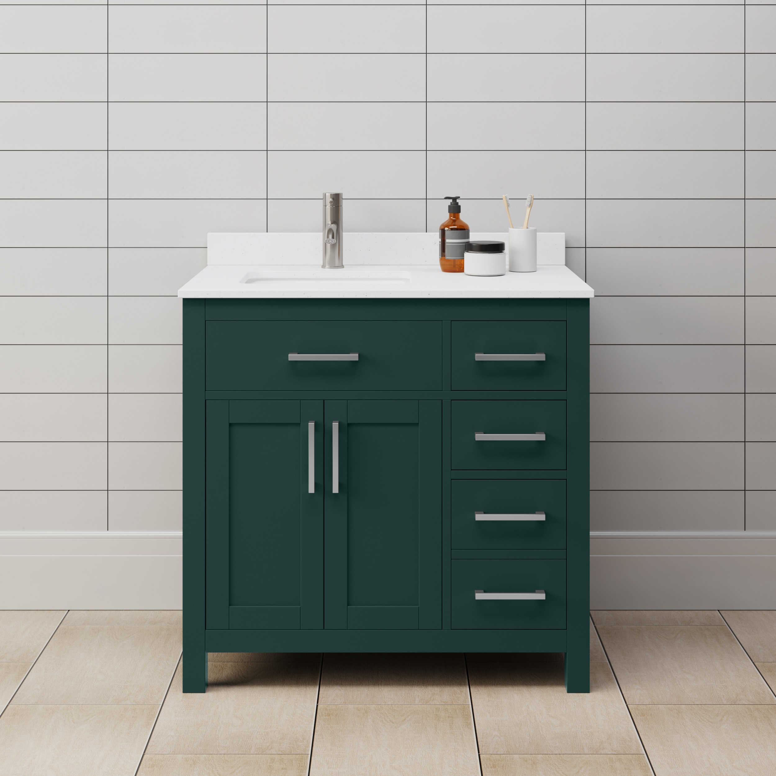 Wyndham Collection WCG242436SGEWCUNSMXX Beckett 36-in Green with Brushed Nickel Trim Undermount Single sink Bathroom Vanity with White Cultured Marble Cultured marble Top