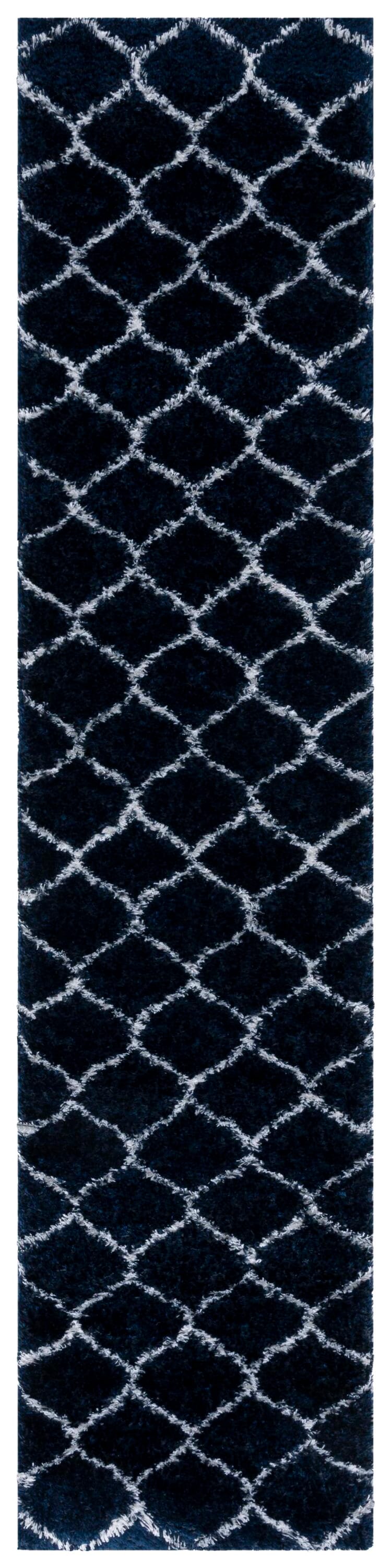 Navy and White Geometric Shag Runner Rug 2' x 9'