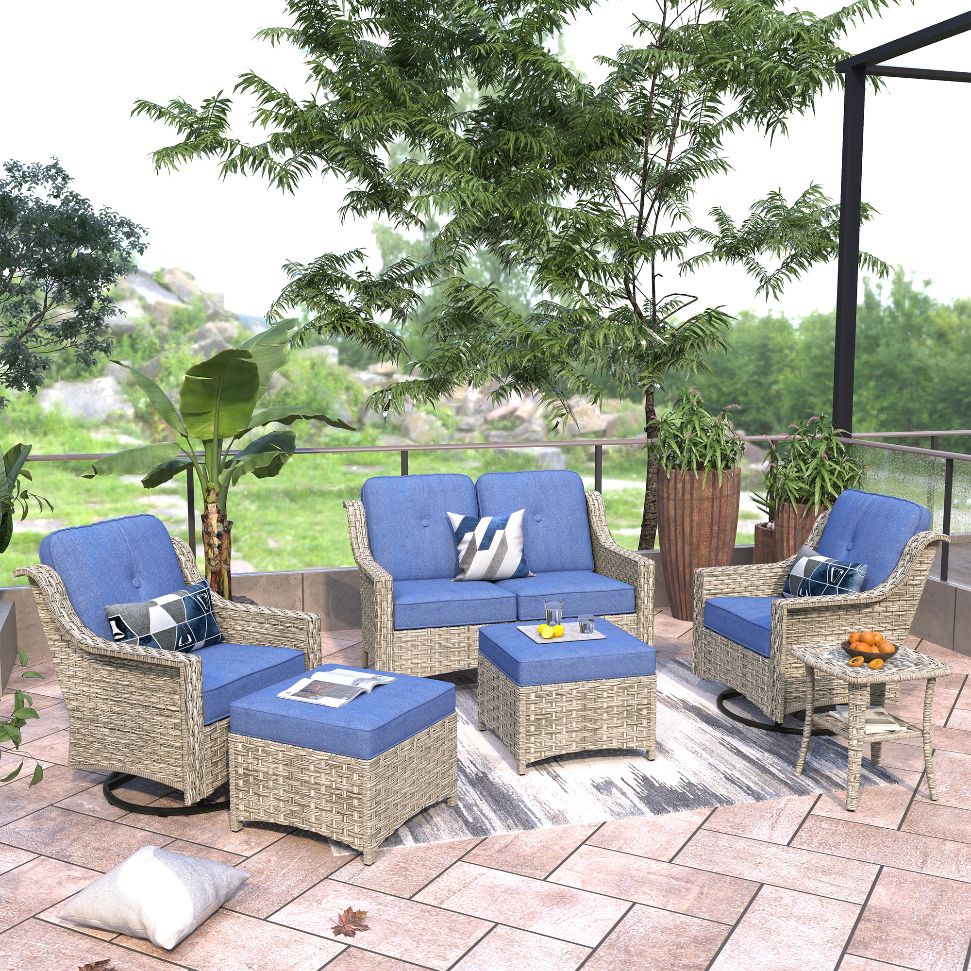 Ovios PDL506Y 6 -Piece Wicker Patio Conversation Set with Blue Cushions