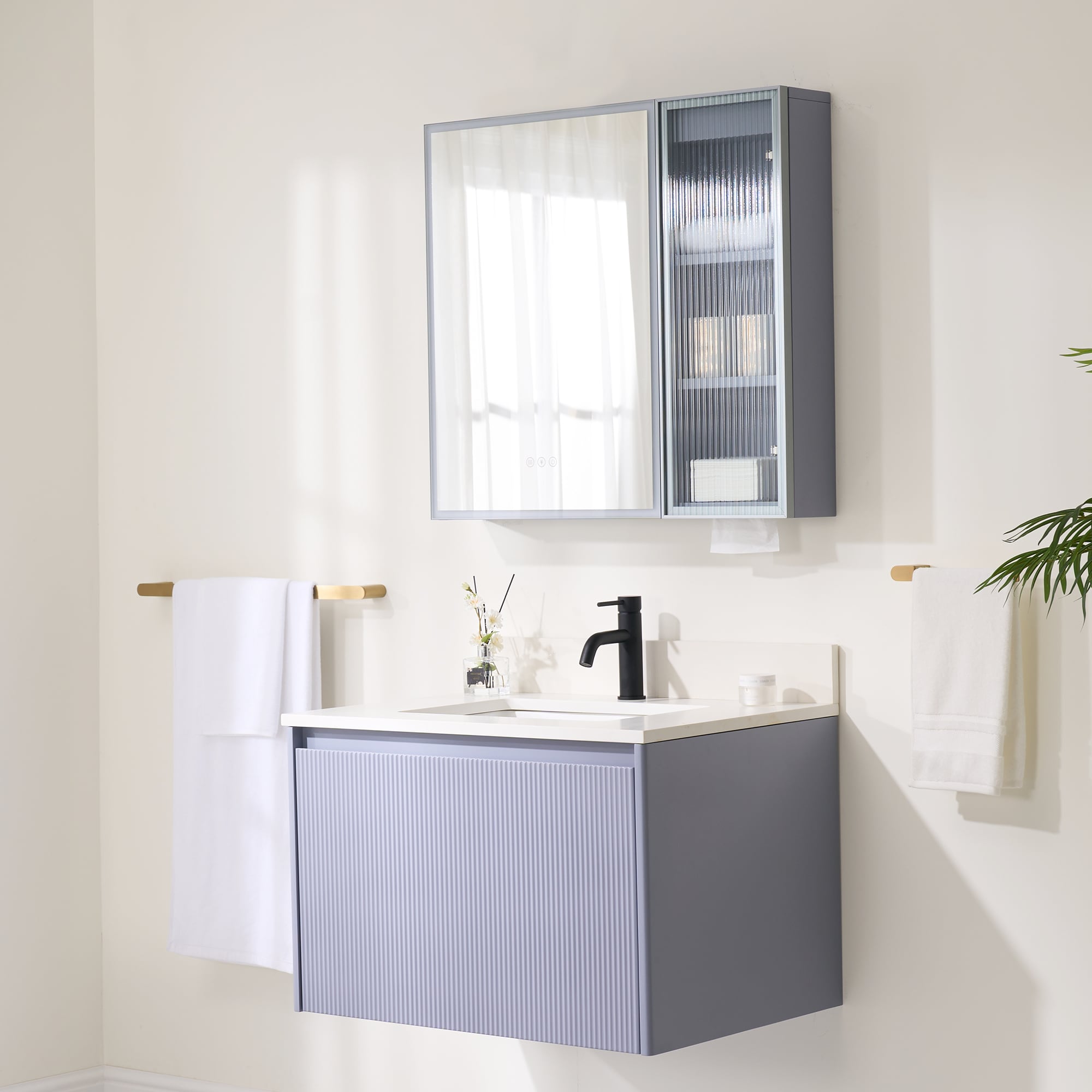 WELLFOR Flora Floating Solid Wood Bathroom Vanity 30-in Lavender ...