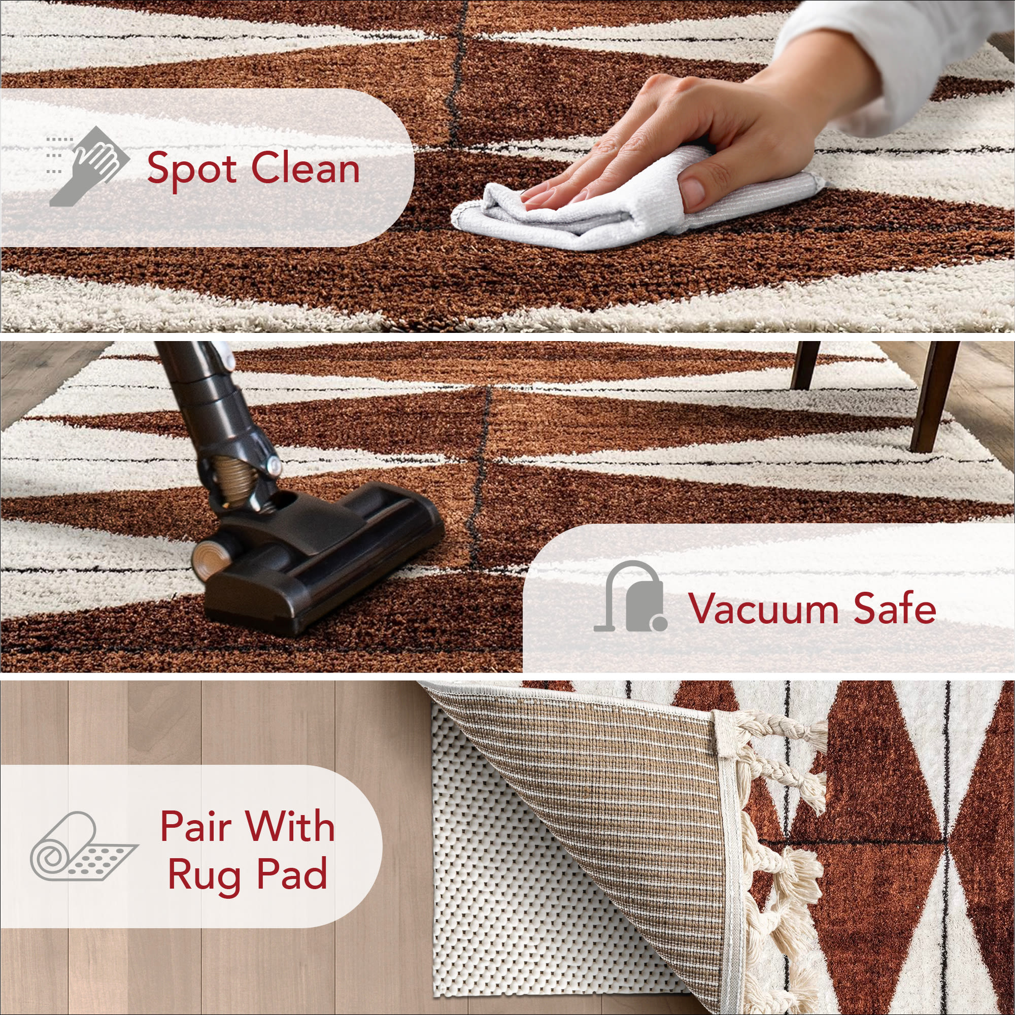 Rust and Ivory Geometric Shag 8' x 10' Synthetic Area Rug
