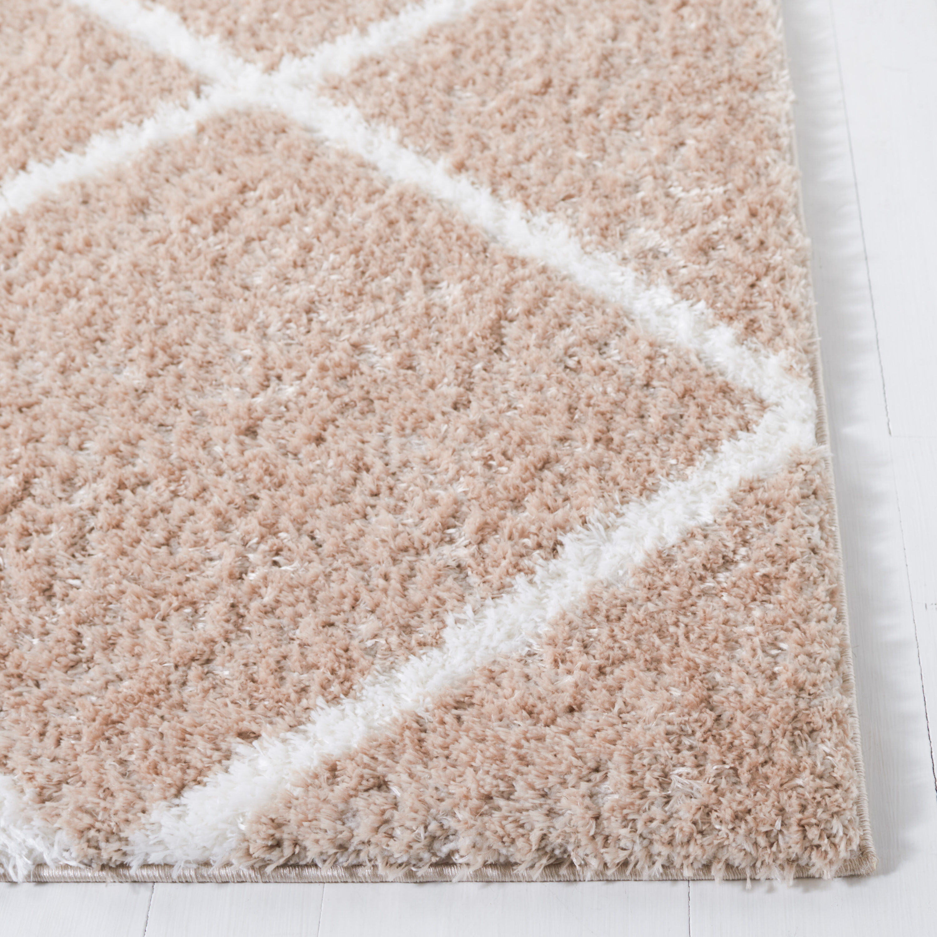 Beige and White Geometric Shag Runner Rug 2' x 9'