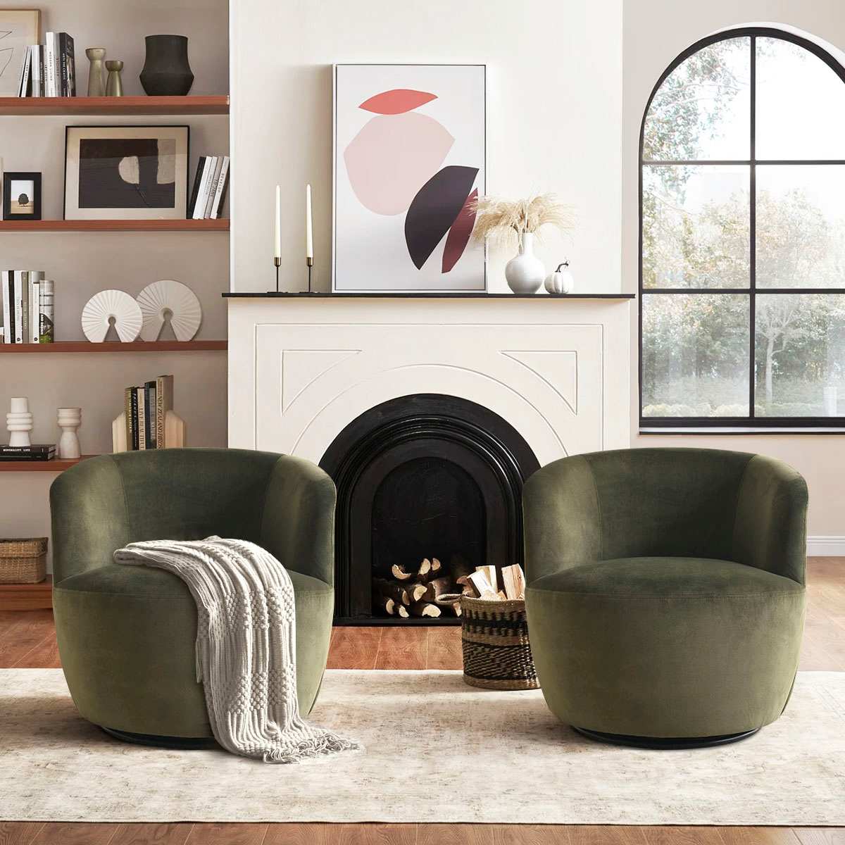 Maison Boucle BELLA-VELVET-OLIVE-2 Swivel Barrel Chairs Set of 2 with Armrest 360 Degree Swivel Nursery Chair 27 inch Seat Olive Velvet