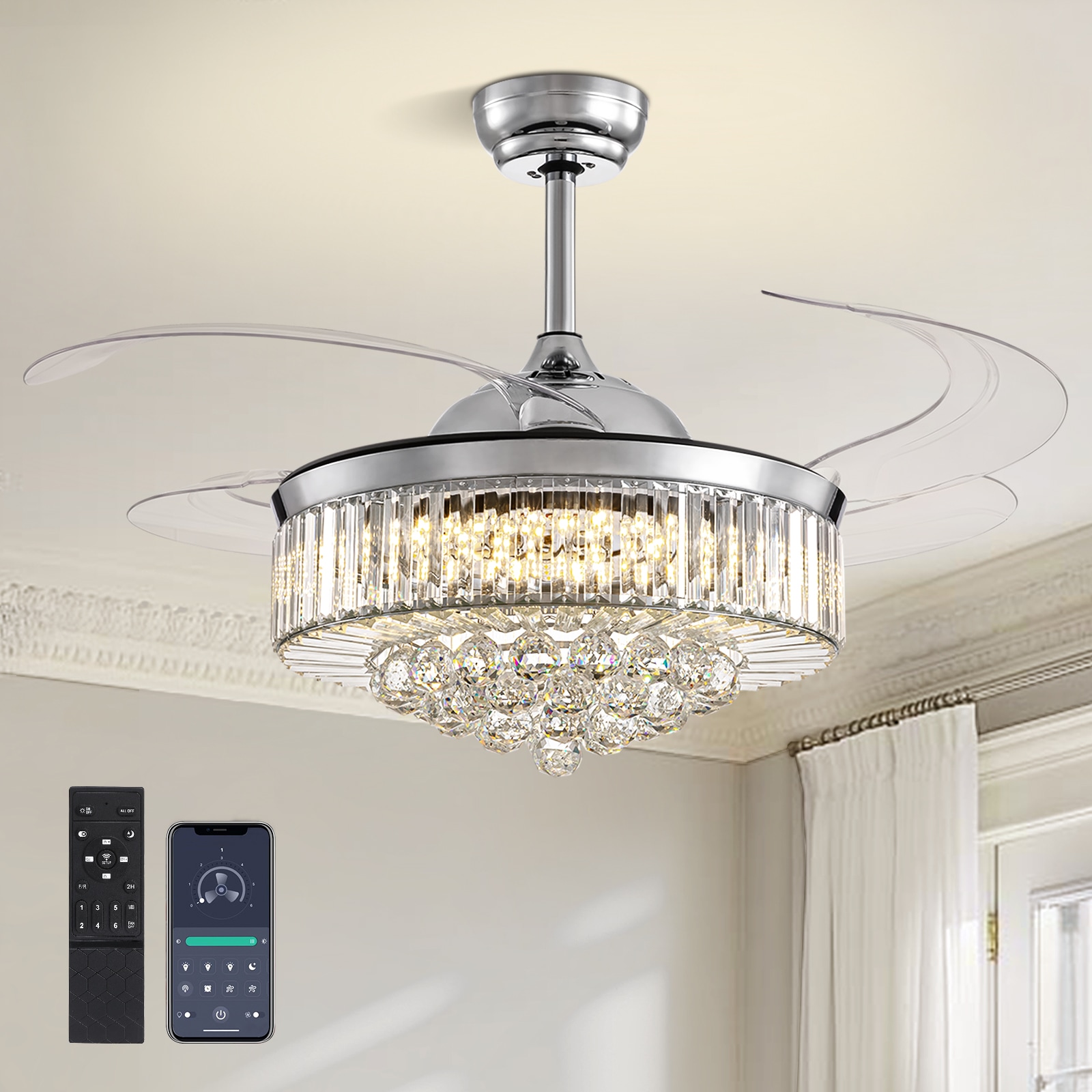 Liwidu 48inch Modern Dimmable Crystal Fandelier #LWOS8111-48C