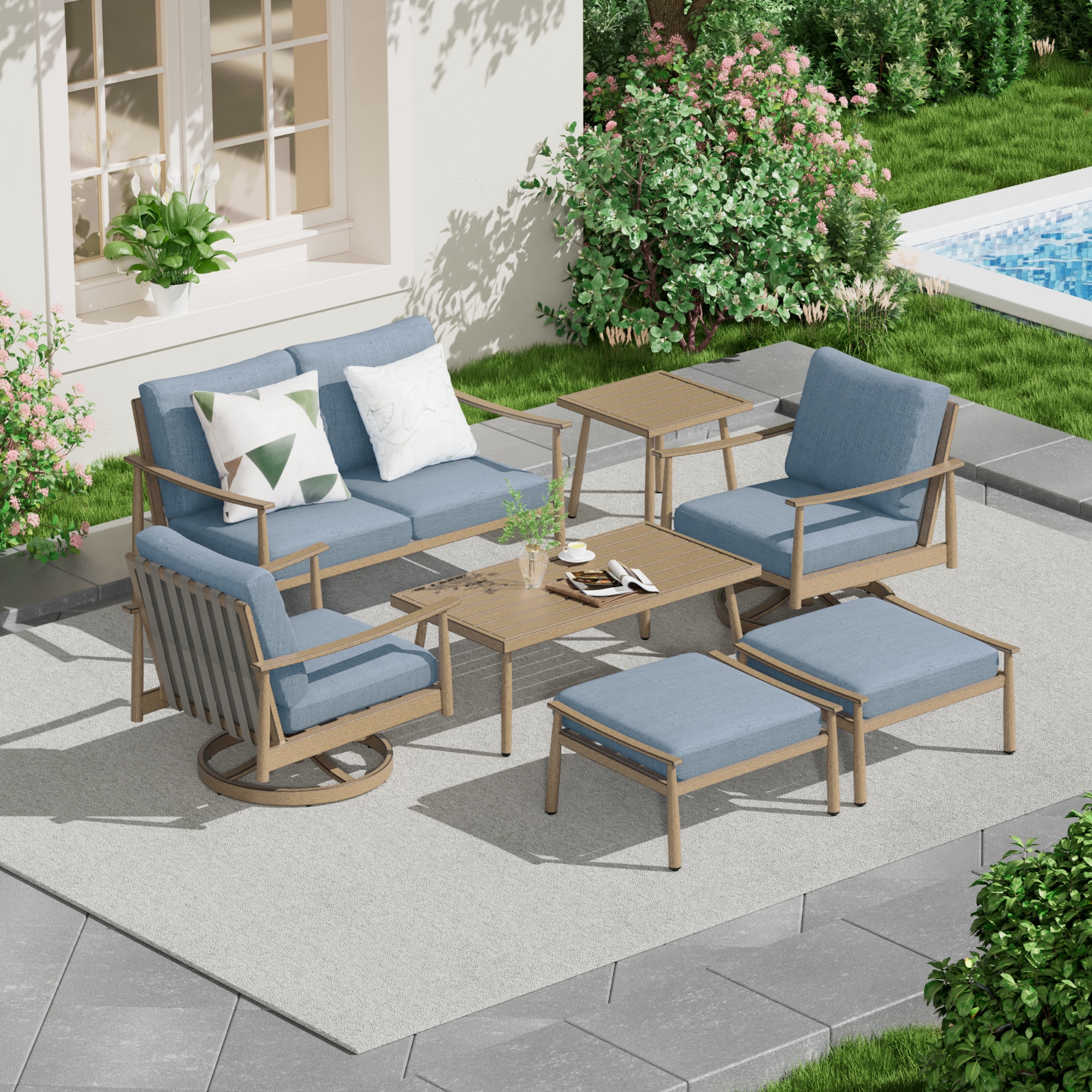  CP-SF7-ZL-B4-WL2 7 -Piece Patio Conversation Set with Blue Cushions
