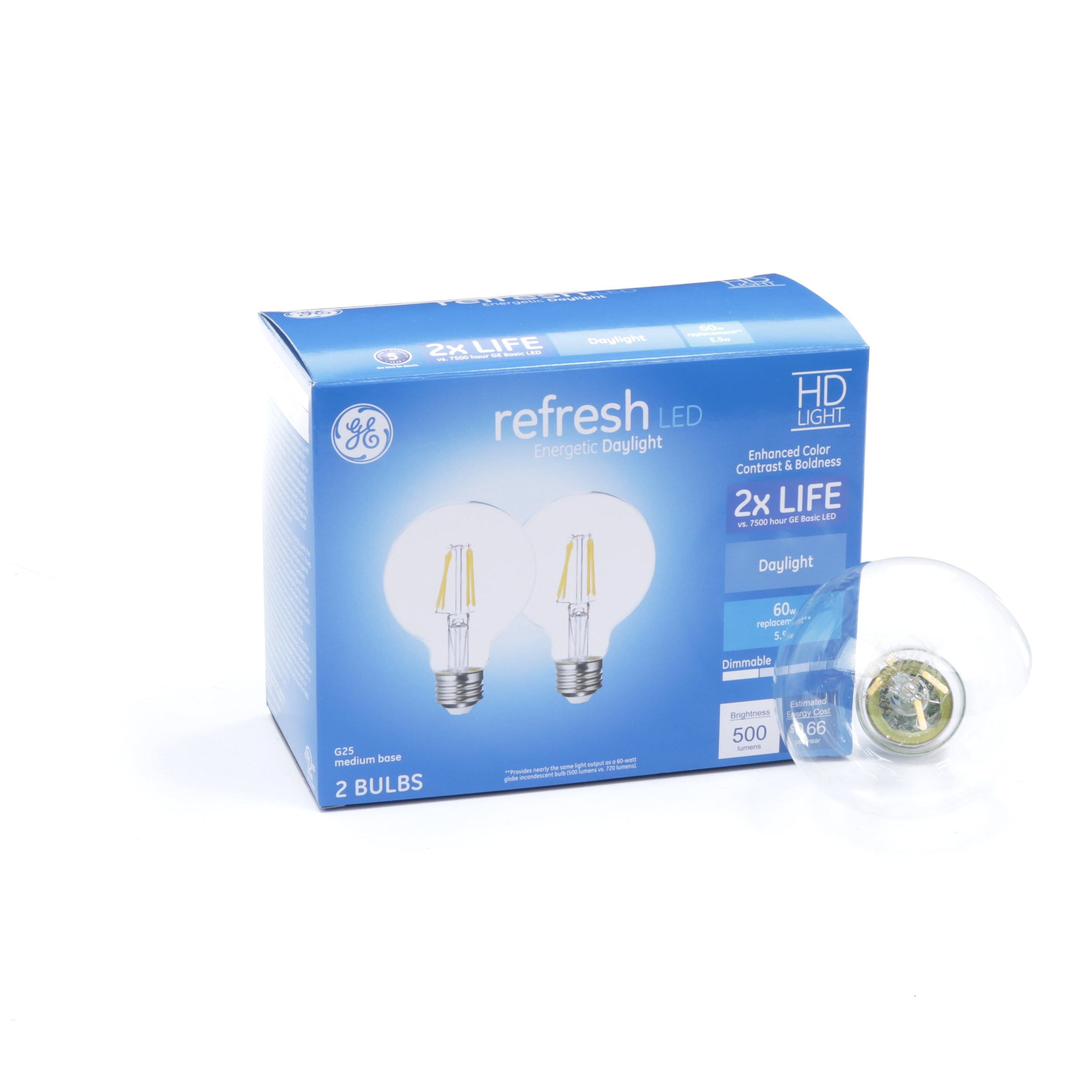 5.5-Watts 2-Pk. GE LED Refresh Globe Light Bulbs Clear Daylight 500 Lumens 