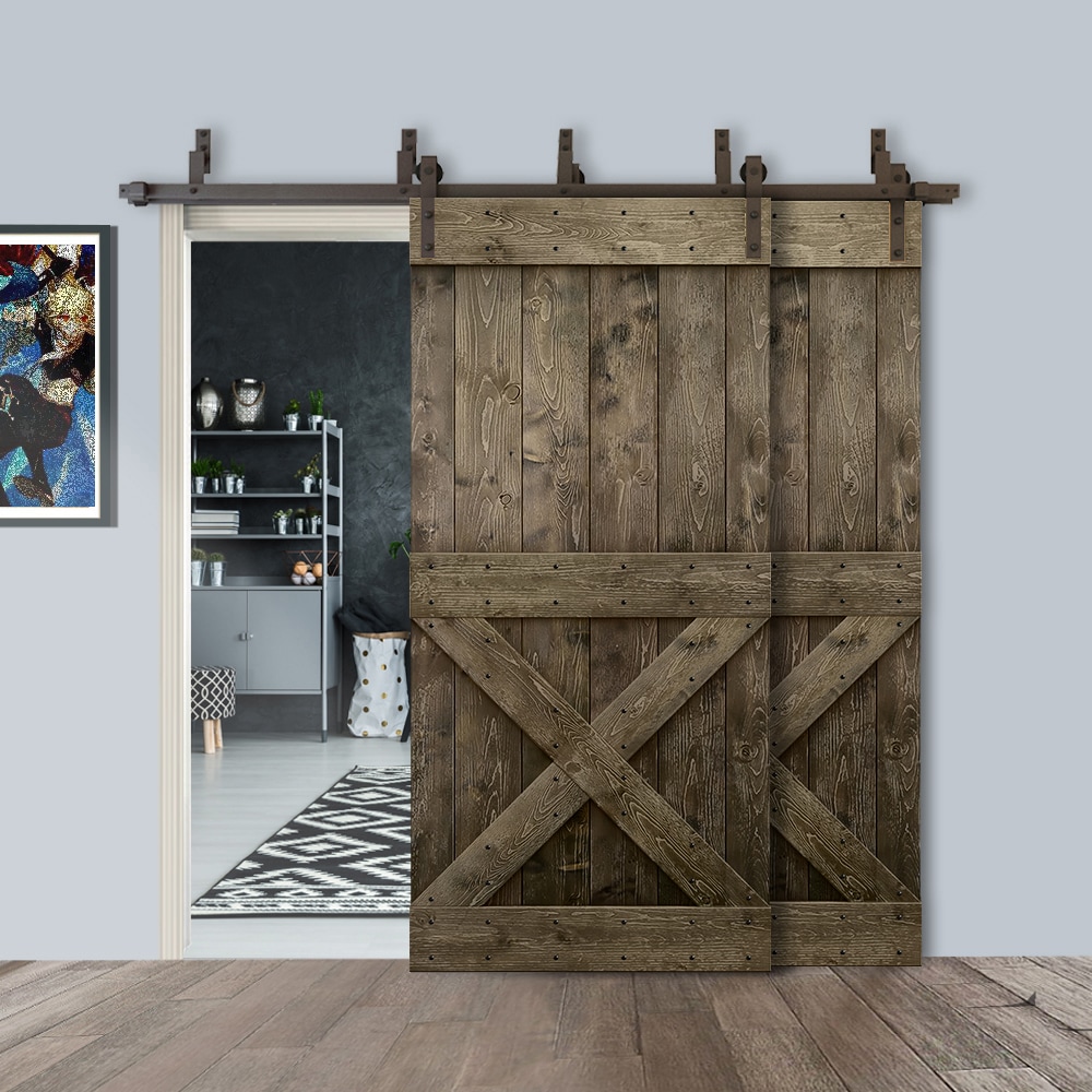 CALHOME 96-in X 84-in Espresso Knotty Pine Wood Double Bypass Barn Door ...