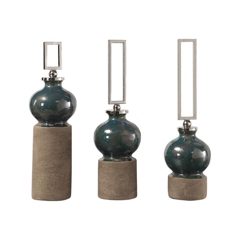 Global Direct 18607 Set of 3 Decorative Distressed Blue Bottles