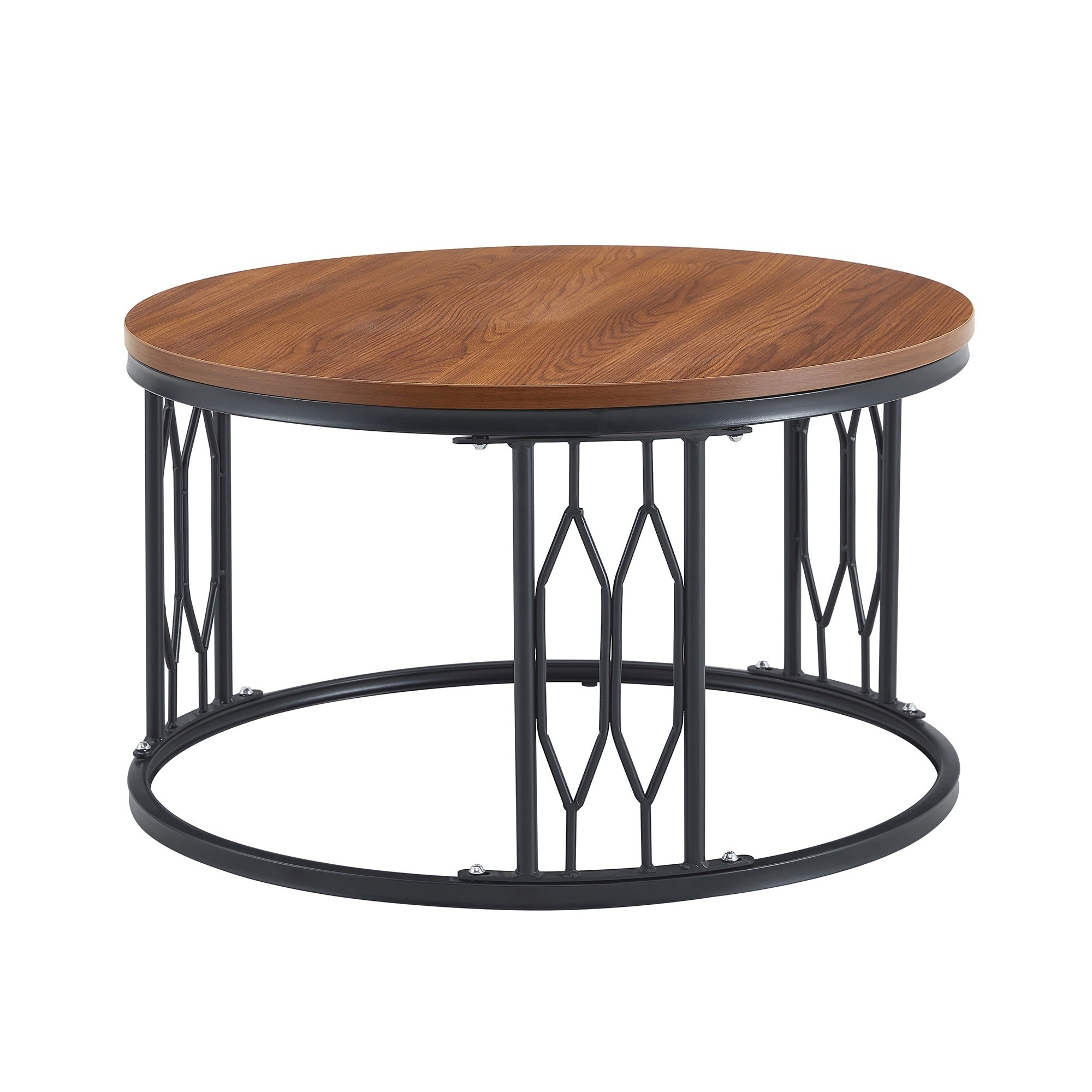 UOI - 28 inch Walnut Wood Grain MDF Round Coffee Table with Sturdy Metal Frame Legs