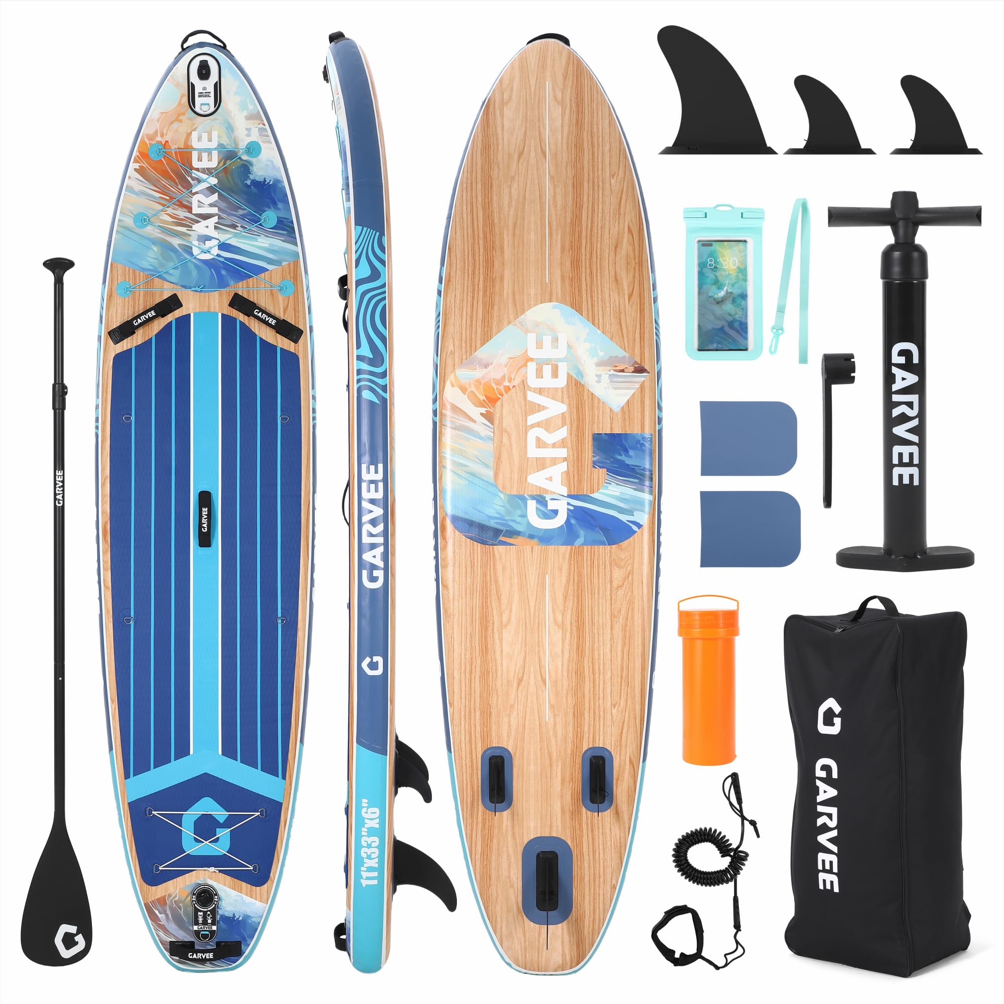 Garvee Inflatable Paddle Board Dark Wood Grain Inflatable Stand Up Paddle Board Stand Up Paddle Board with Premium SUP Paddleboard Accessories Wide Stable Design Non Slip Comfort Deck for All Skill Level