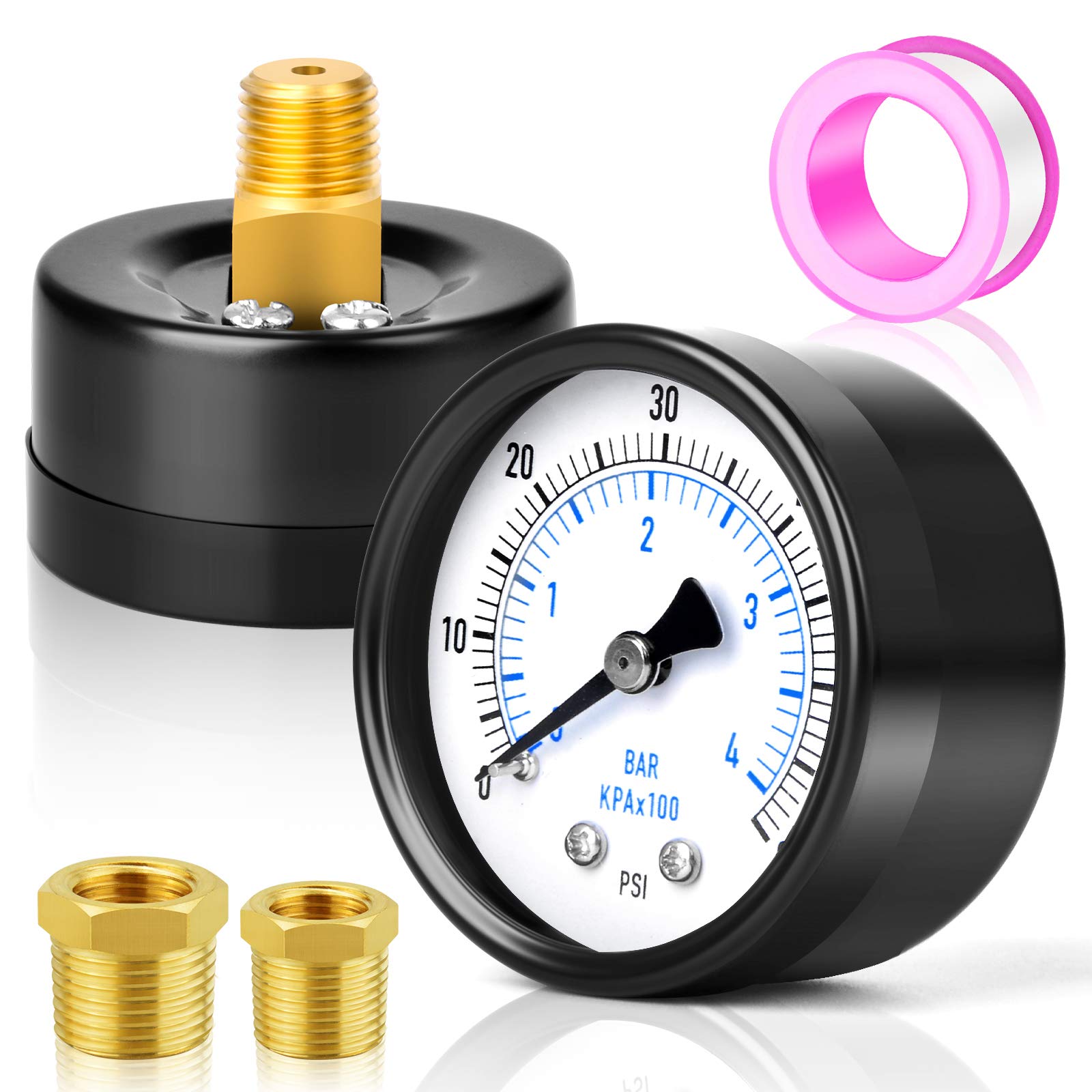 AKSCYZM  Well Pump Pressure Gauge 0 to 60 Psi 2 Inch Dial Face Quarter NPT Center Back Mount with Half NPT and Three Eighths NPT Hex Bushing for