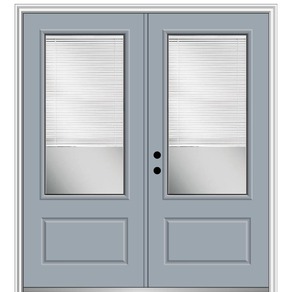MMI DOOR ZZ01893R 72-in x 80-in x 4-9/16-in Fiberglass 3/4 lite Right-hand inswing Storm Cloud Painted Prehung Double Front Door with Brickmould Insulating core with Blinds