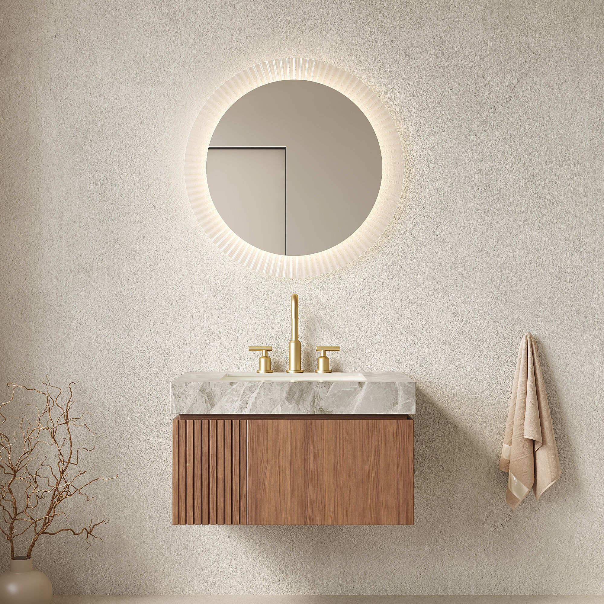 LOVMOR  Brown Oak 30-inch Plywood Single Sink Bathroom Vanity Light Gray Sintered Stone Corner Fully Assembled
