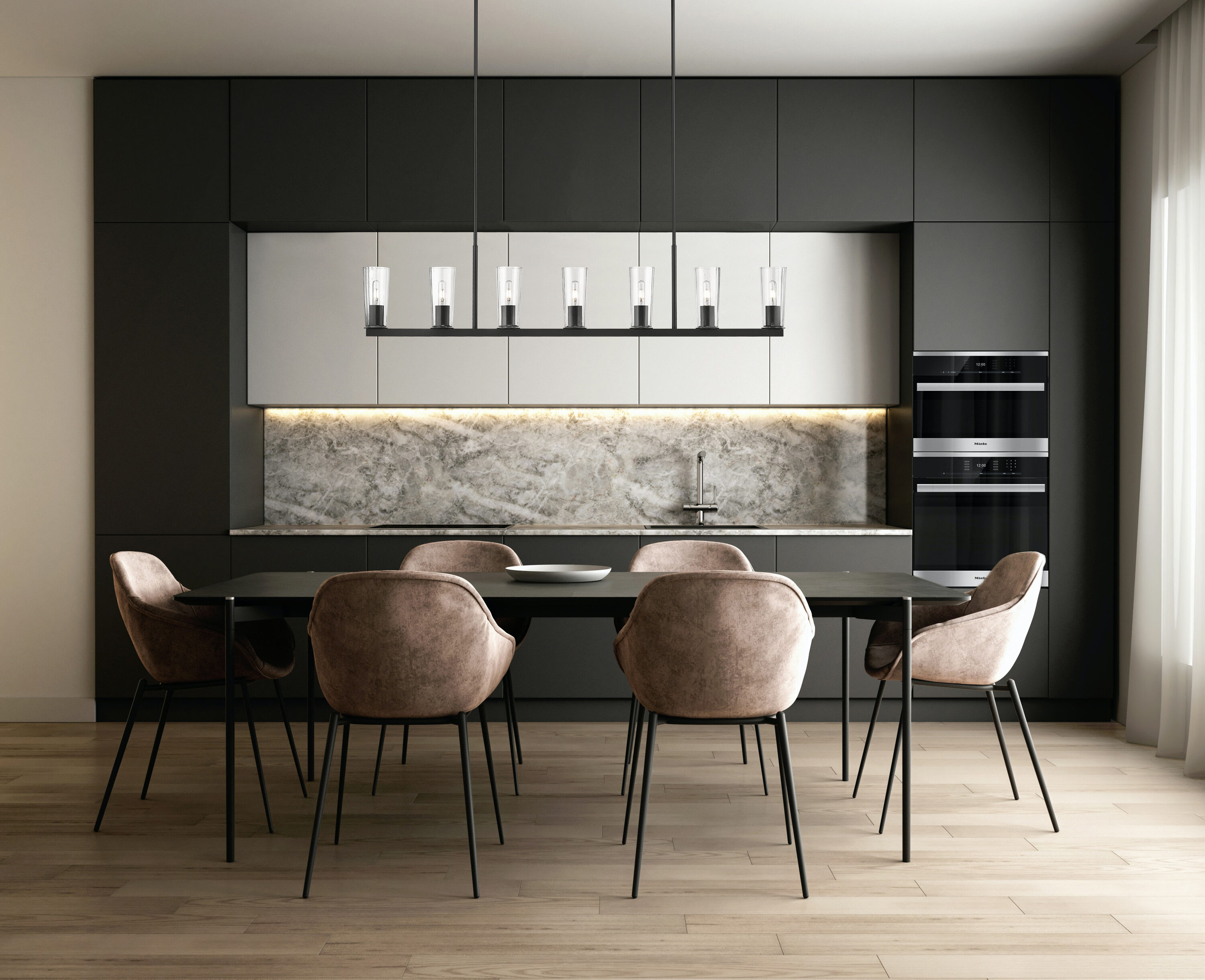 Matte Black 7-Light Linear Chandelier with Tapered Glass Shades