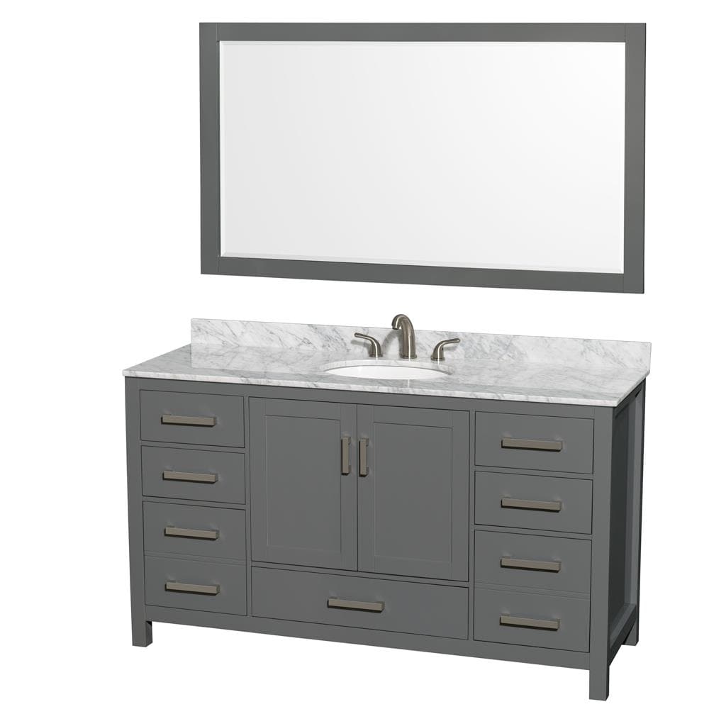 Wyndham Collection WCS141460SKGCMUNOM58 Sheffield 60-in Dark Gray with Brushed Chrome Trim Undermount Single sink Bathroom Vanity with White Carrara Marble Natural marble Top (Mirror Included)