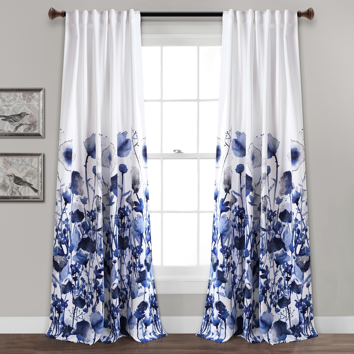 Lush Decor 16T005018 95-Inches Navy Floral Light filtering Back tab/Pinch pleat/Rod pocket Curtain panel pair