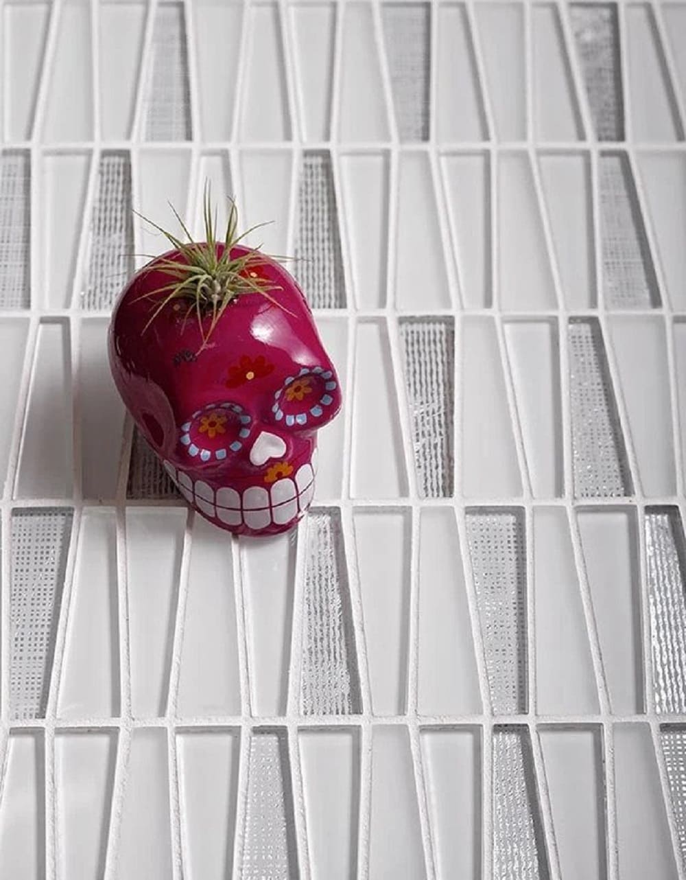 Silver and White Geometric Glass Mosaic Wall Tile