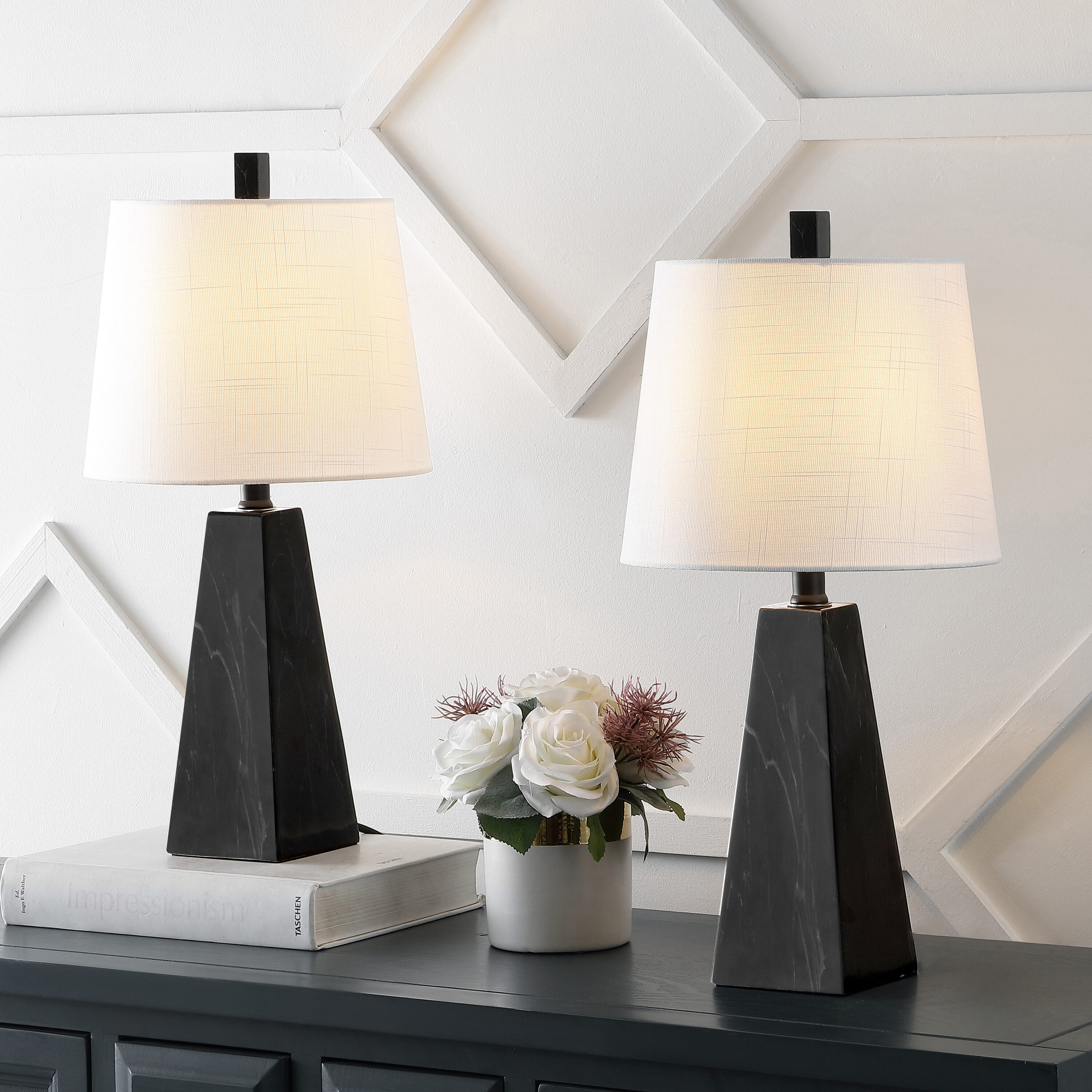 JONATHAN  Y JYL1037D-SET2 Owen Resin Contemporary 20.5-in Black Marble Finish LED Rotary socket Table Lamp with Linen Shade 2 -Set
