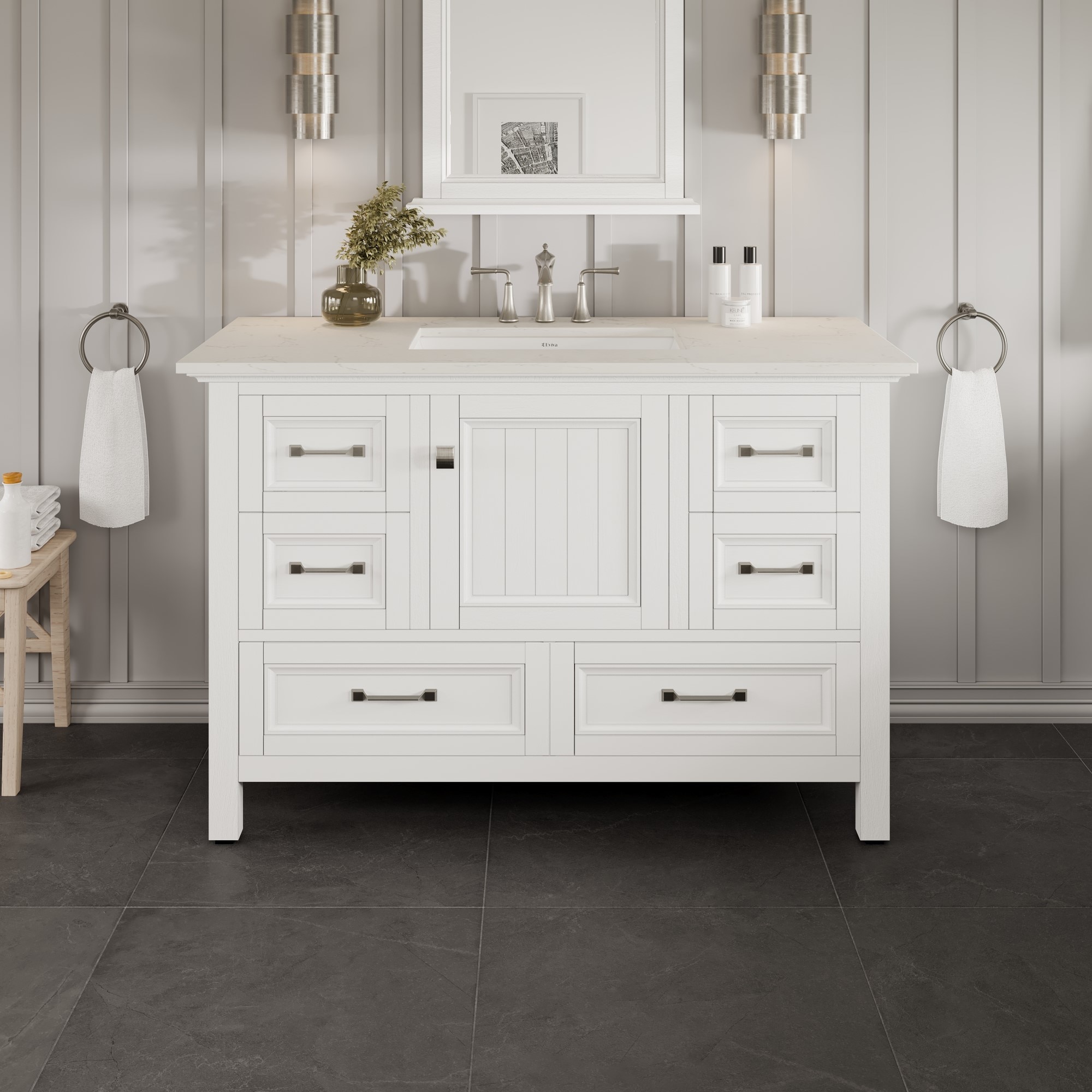 Eviva EVVN612-42WH-Q Britney 42-in White Undermount Single Sink Bathroom Vanity with White Quartz Top