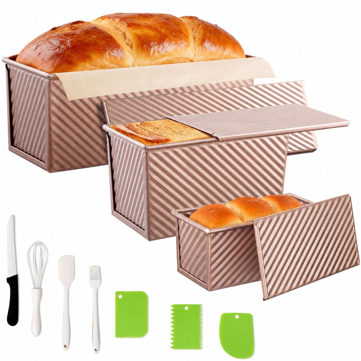 Etokfoks  Carbon Steel Non Stick Pullman Loaf Pan with Lid Corrugated Square Toast Pan for Baking Sandwich Bread 3 Pack