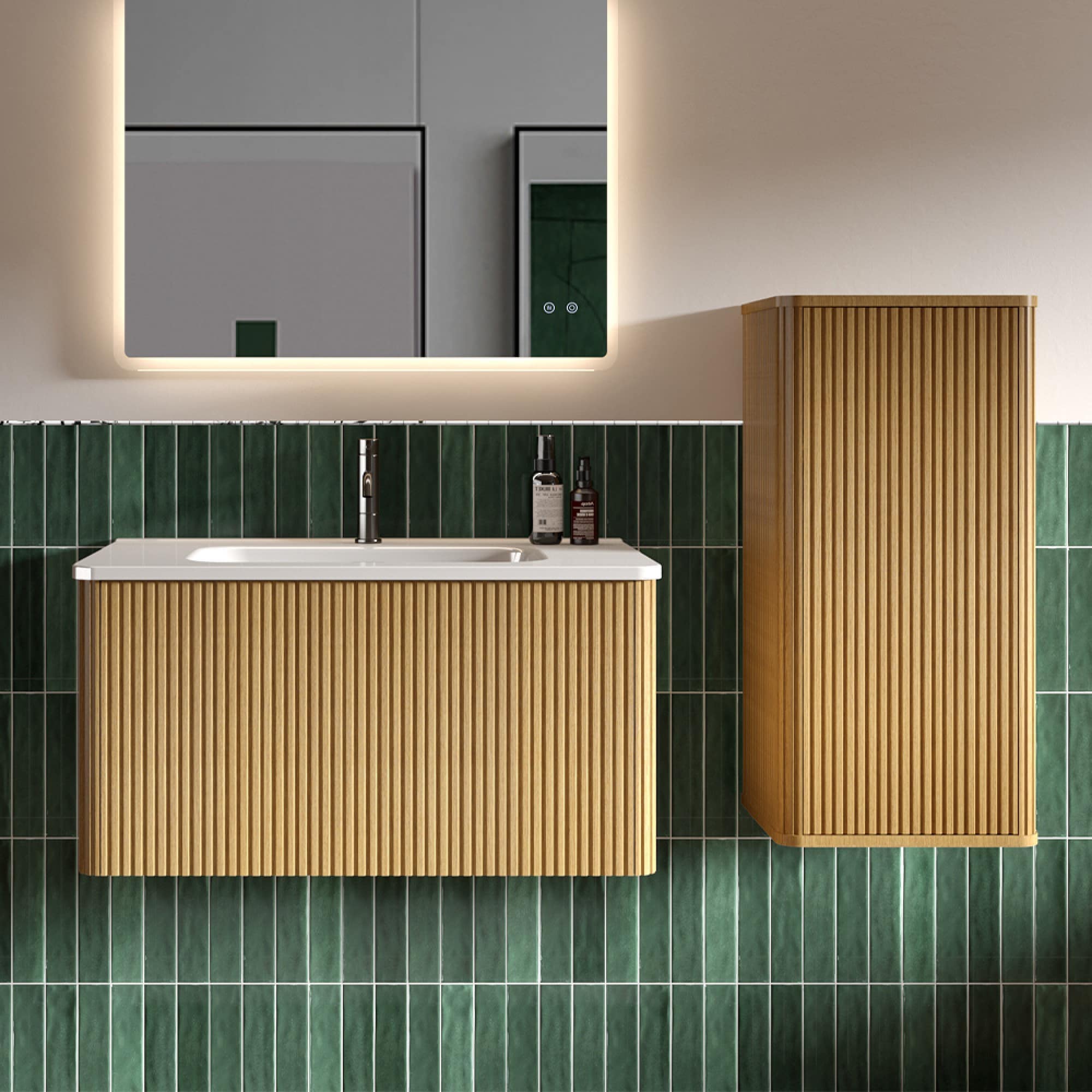 Roomfitters  Natural Oak Bathroom Floating Side Cabinet Wall Mounted Storage Cupboard for Small Space Small Places