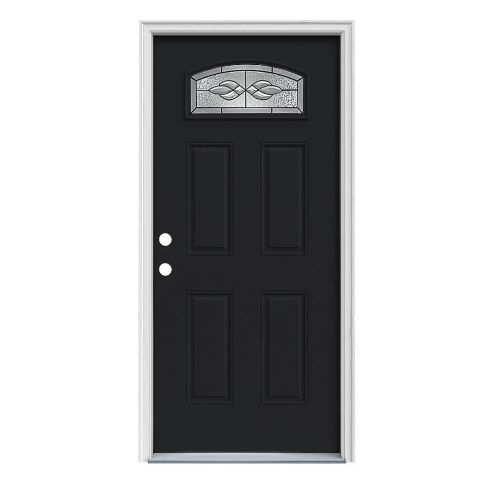 JELD-WEN LOWOLJW167600236 Hampton 32-in x 80-in Steel 1/4 Lite Right-Hand Inswing Peppercorn Painted Prehung Front Door with Brickmould Insulating Core