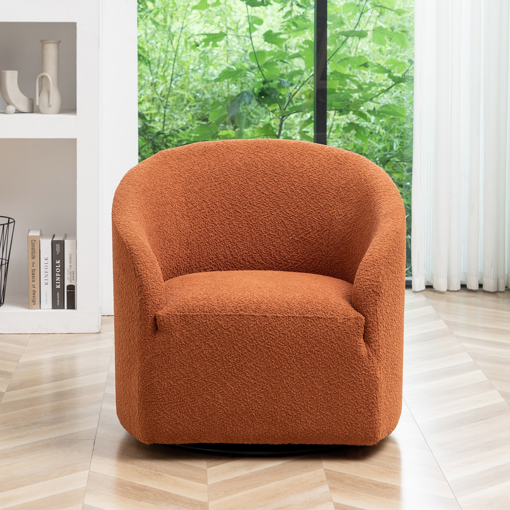 Caramel Boucle Upholstered Swivel Barrel Accent Chair