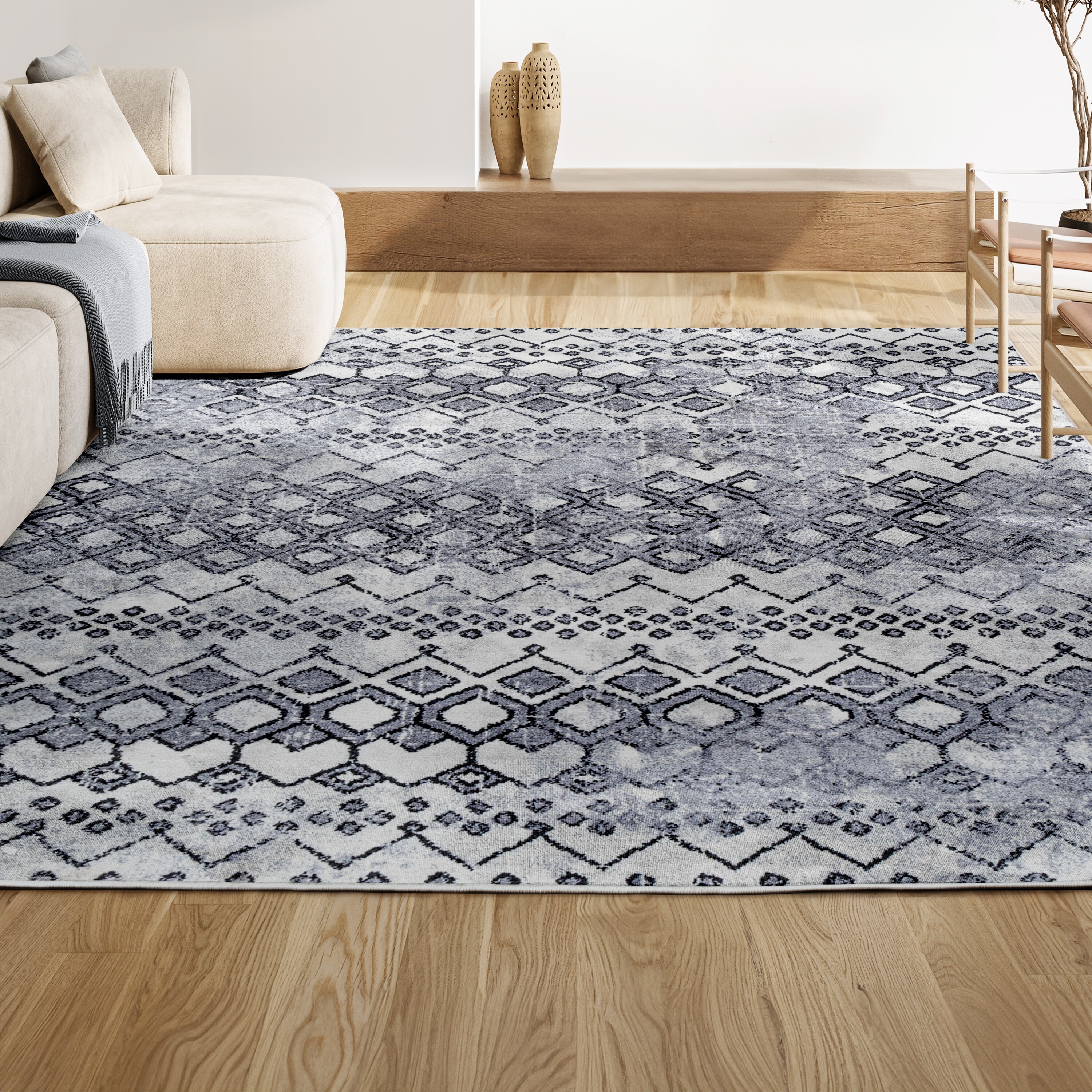 Ivory and Charcoal Moroccan Geometric Distressed Area Rug