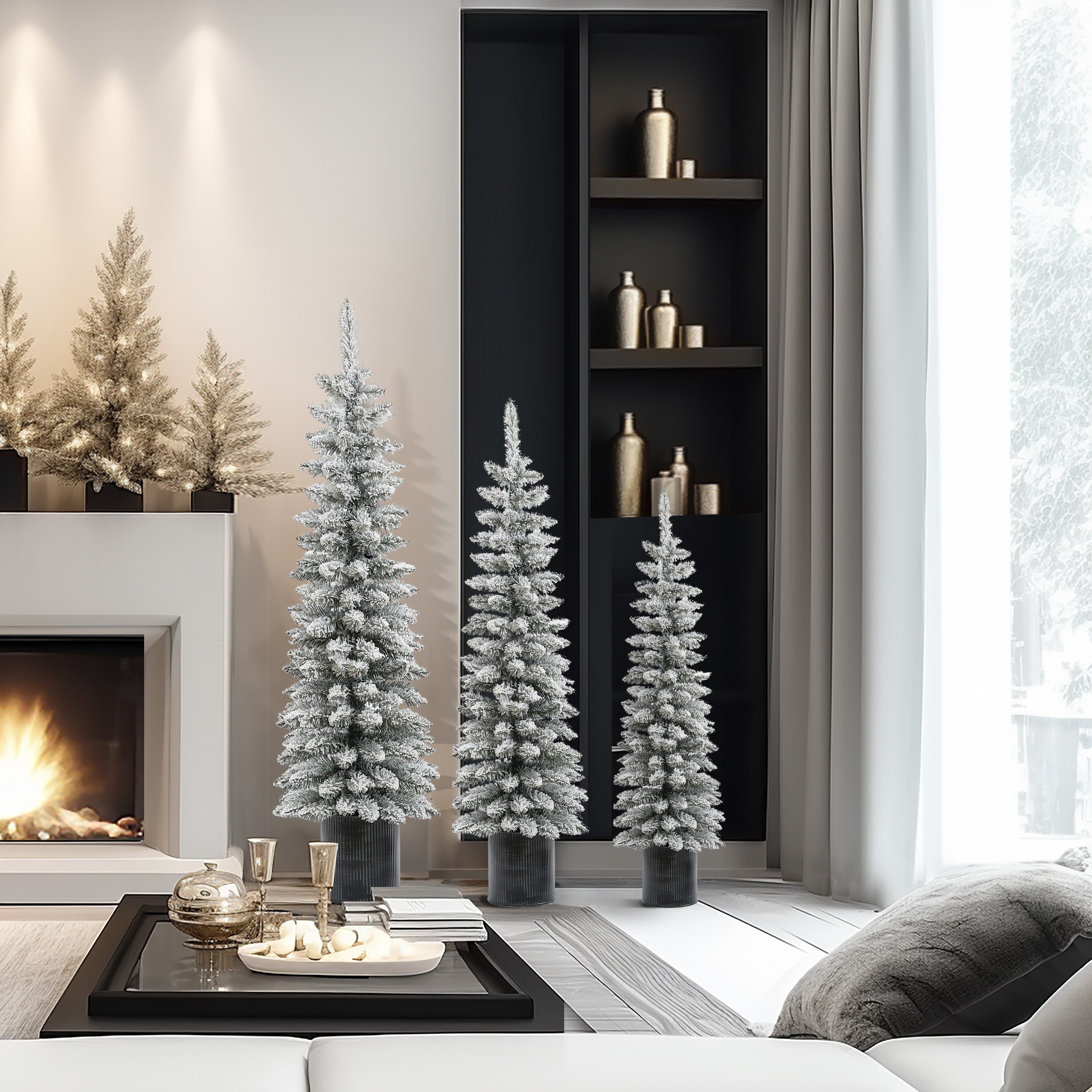 Set of 3 Snow-Flocked PVC Christmas Trees with Metal Pots