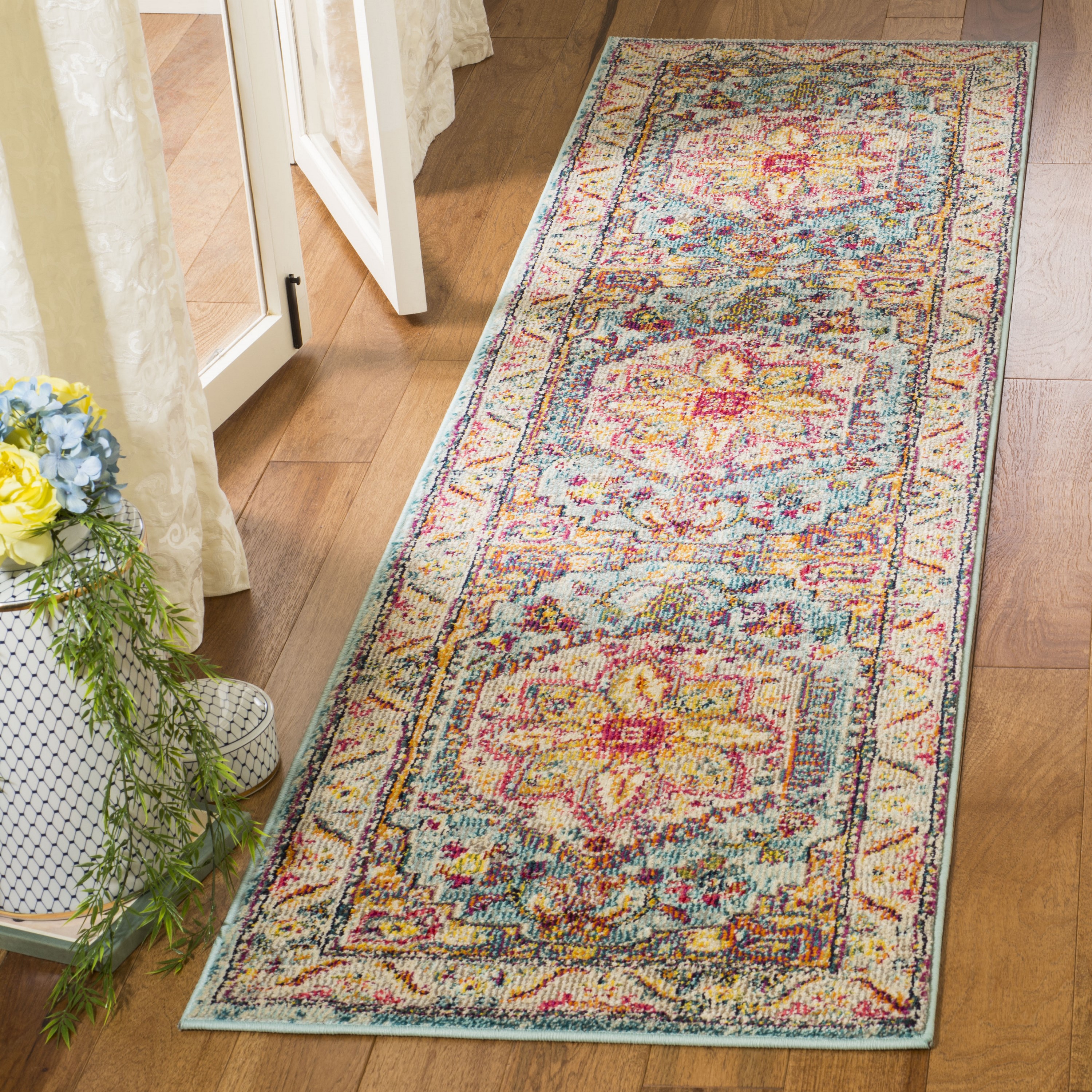 Safavieh PHX153K-210 Phoenix Ian 2 x 10 (ft) Loomed Polypropylene Turquoise/Beige Rectangular Indoor Floral/Botanical Oriental Runner rug