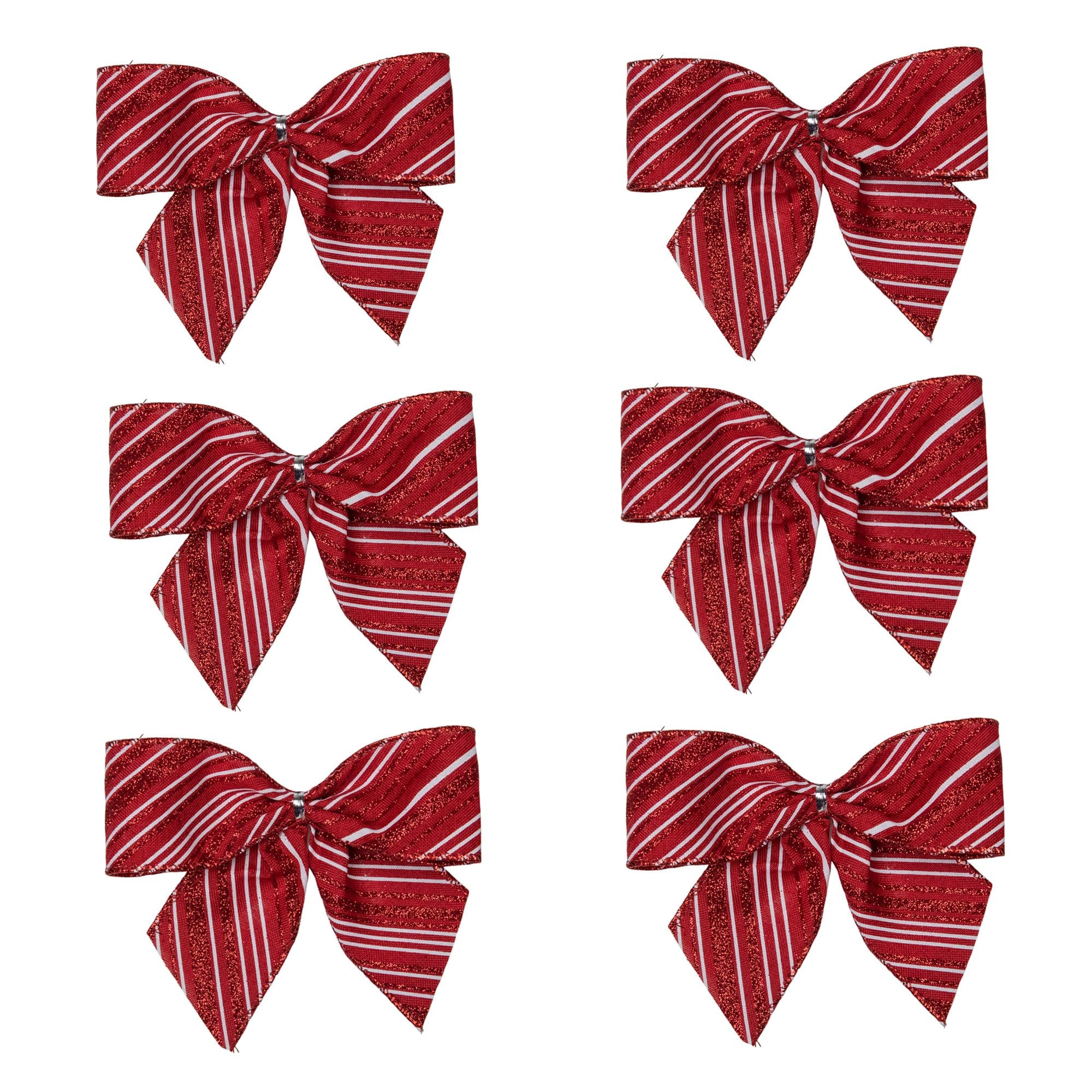 Northlight Glitter Striped 2-Loop Christmas Bow Decorations - 5.5 inch - Red - Pack of 6
