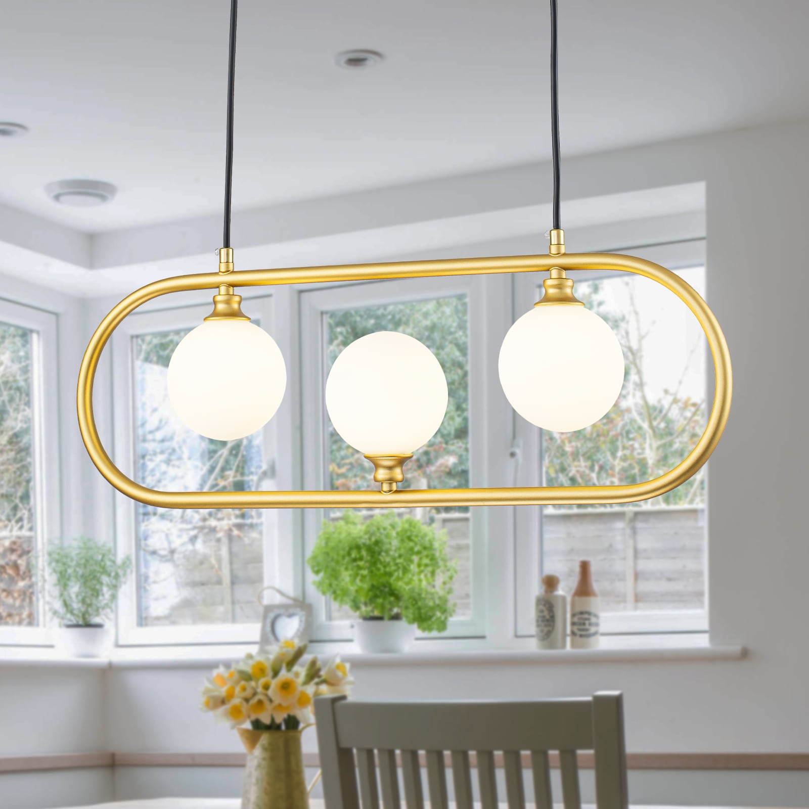 MENCOLULU 22.83 inch Oval Frame Linear Pendant Lighting With Frosted Milky White Glass Globes 3 -Light Gold Mid-century White glass Linear Large Hanging Kitchen Island Light